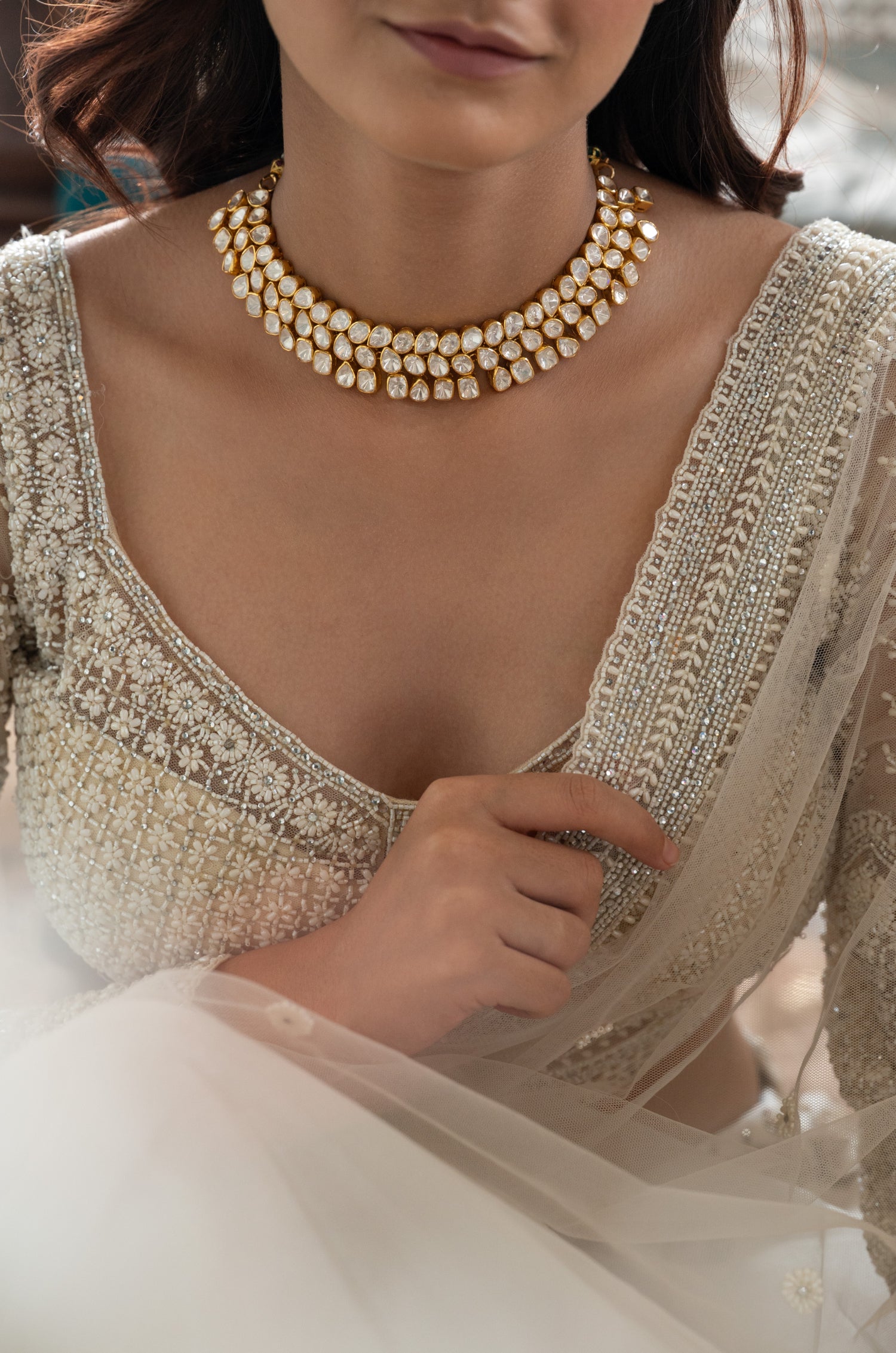 Malini Silver Polki Necklace