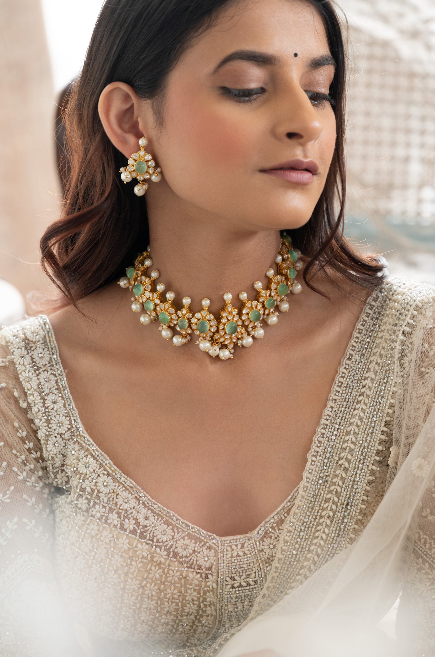 Ira Mint Polki Silver Choker Necklace Set