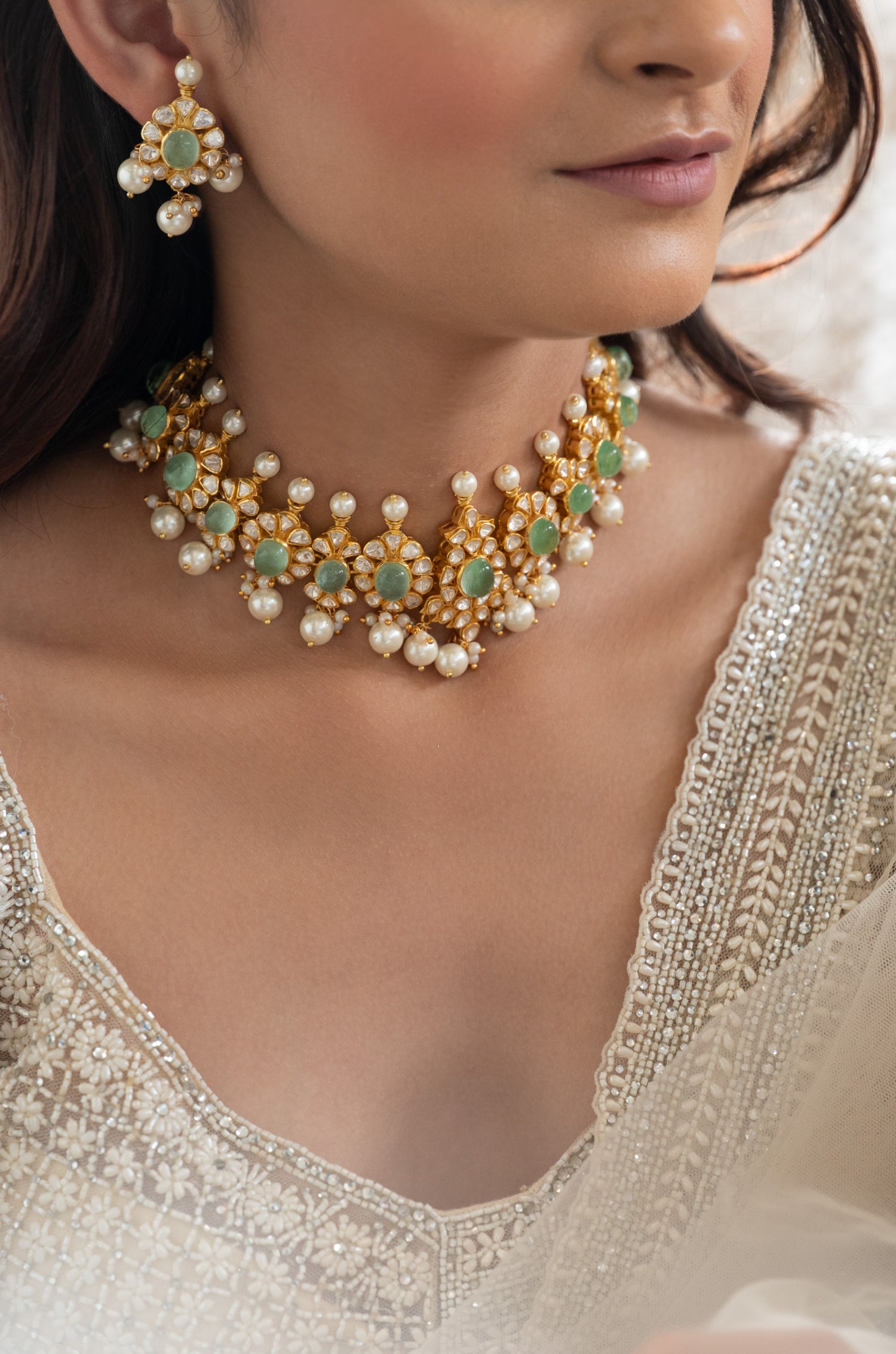 Ira Mint Polki Silver Choker Necklace Set