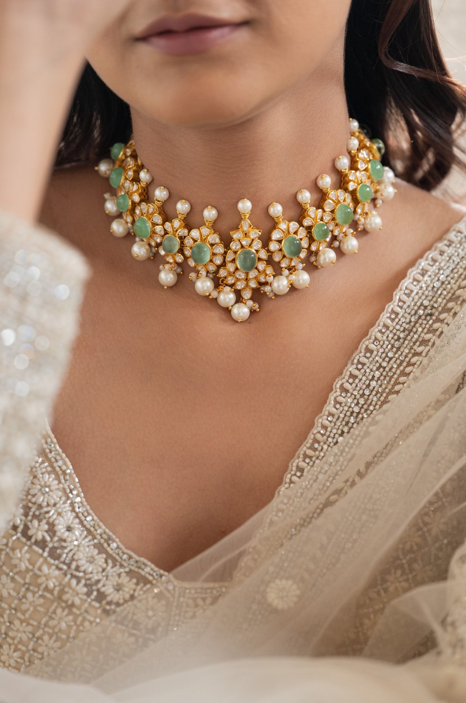 Ira Mint Polki Silver Choker Necklace Set
