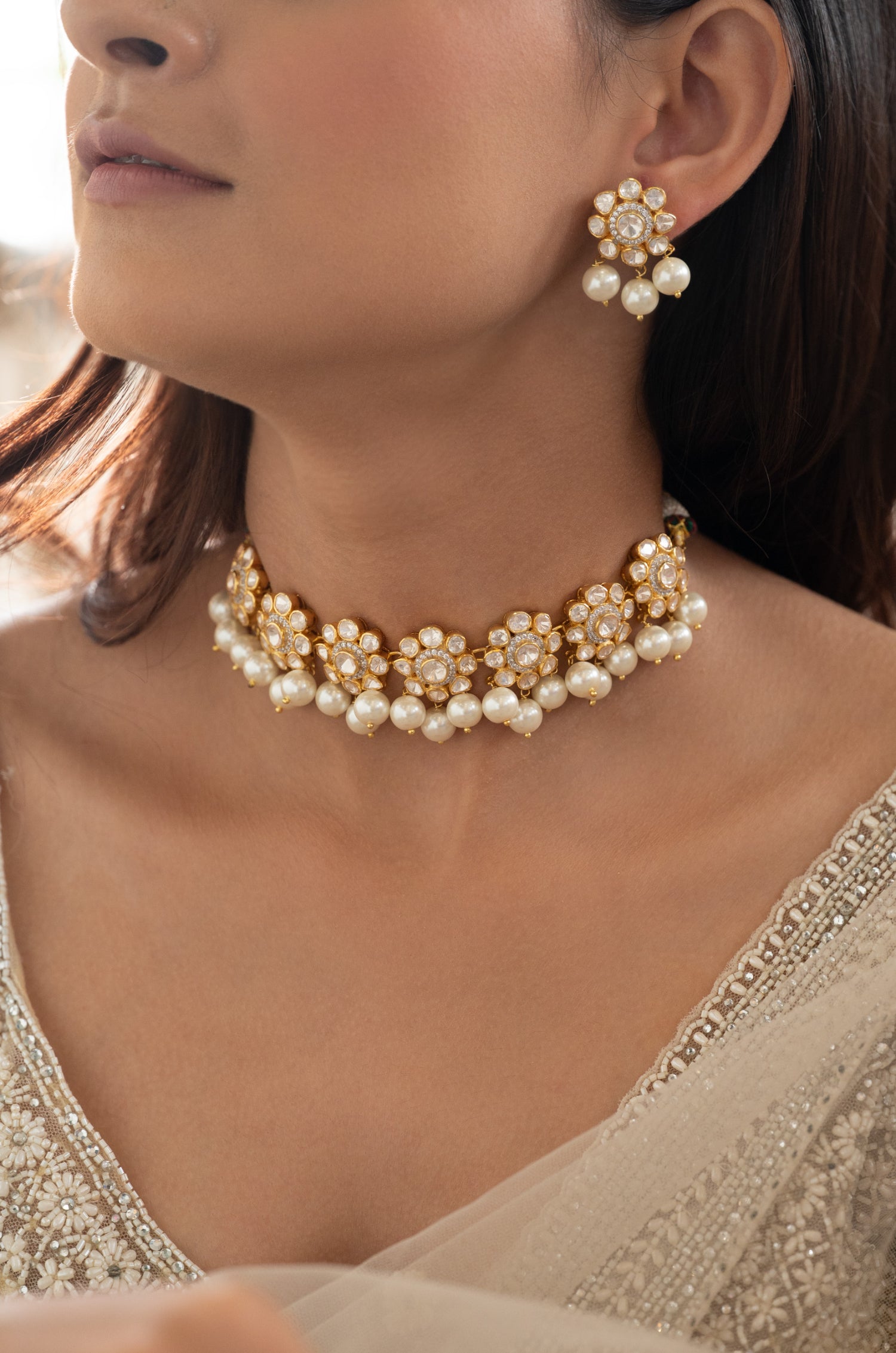 Hiral Polki Silver Choker Necklace Set