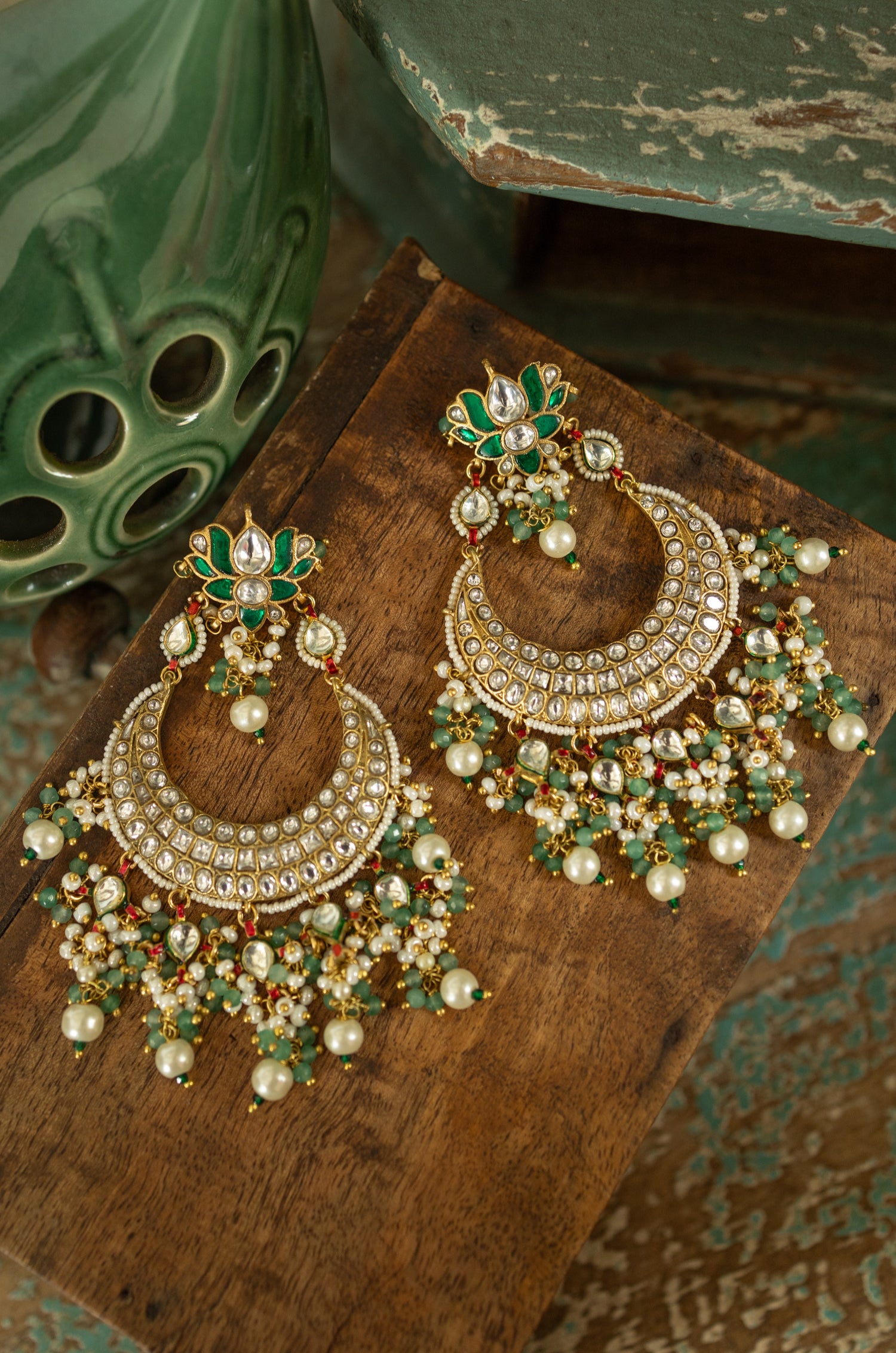 Pritha Mint Kundan Chandbali Earrings