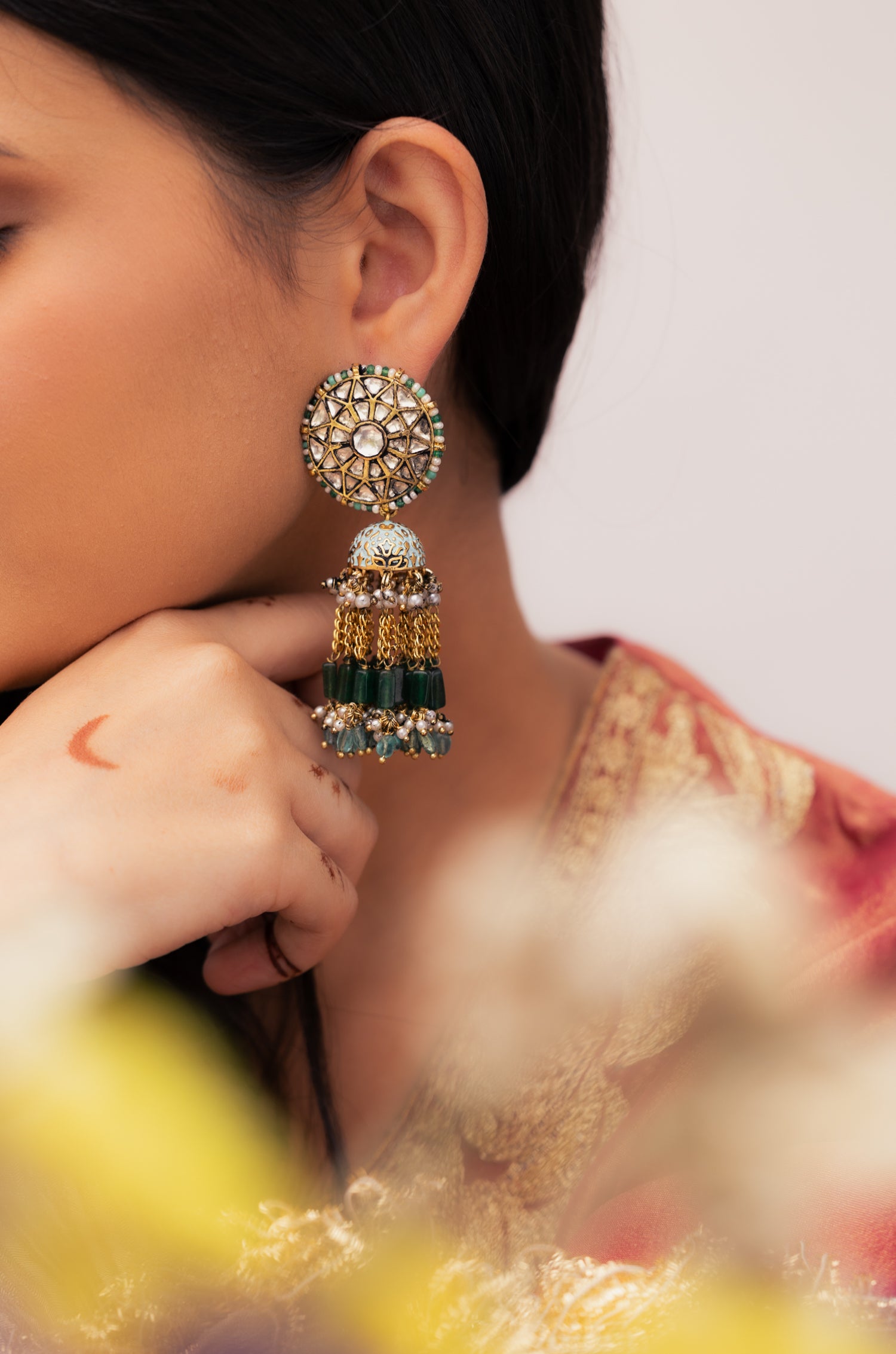 Hamsini Turquoise Kundan Jhumka Earrings
