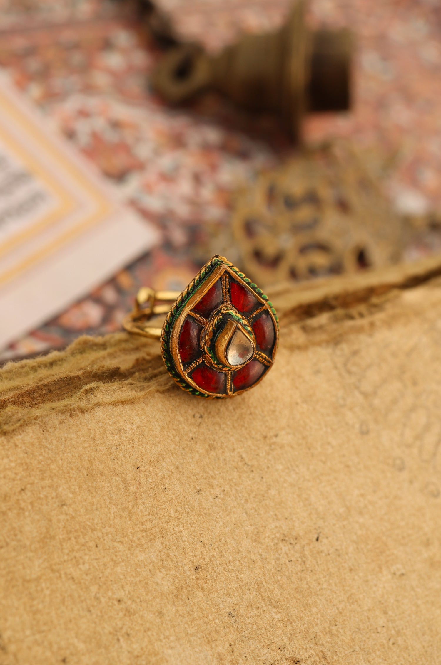 Enamika Red Kundan Ring