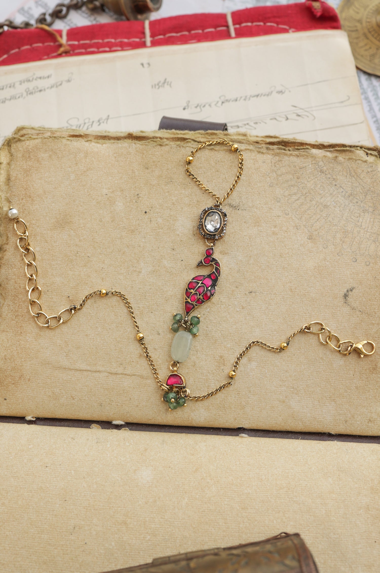 Devika Pink Polki Hathphool Bracelet