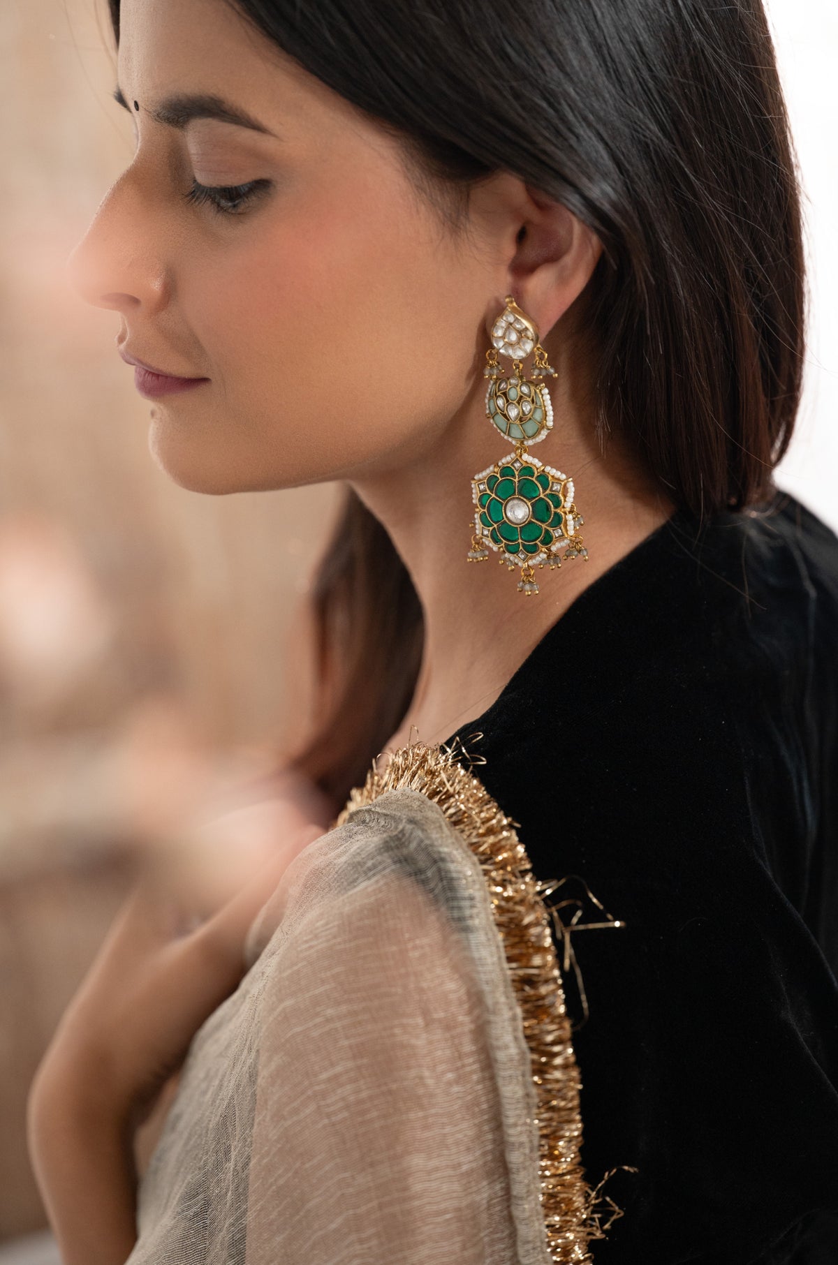 Mehira Green Kundan Earrings