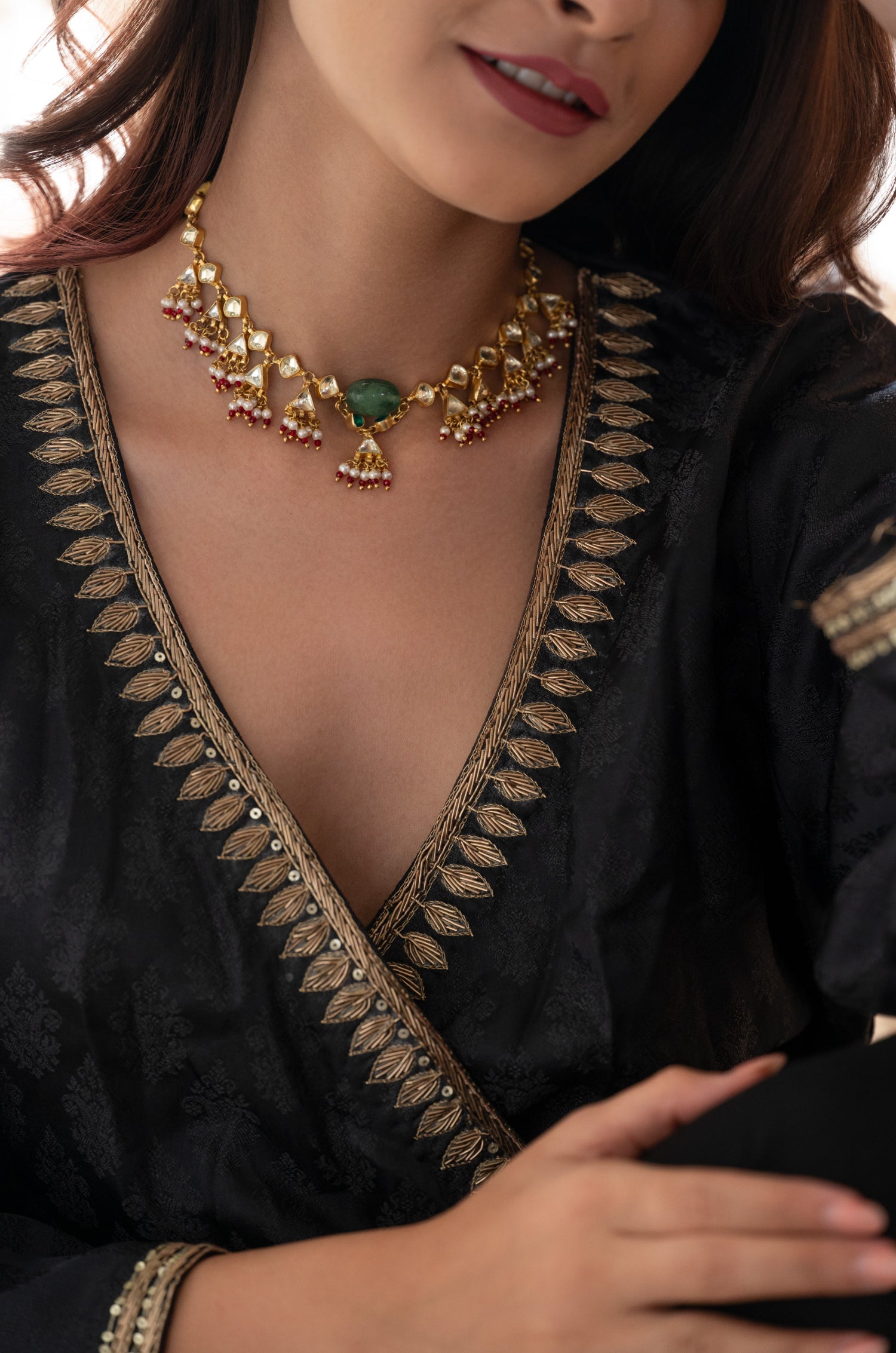 Farhana Green Kundan Necklace
