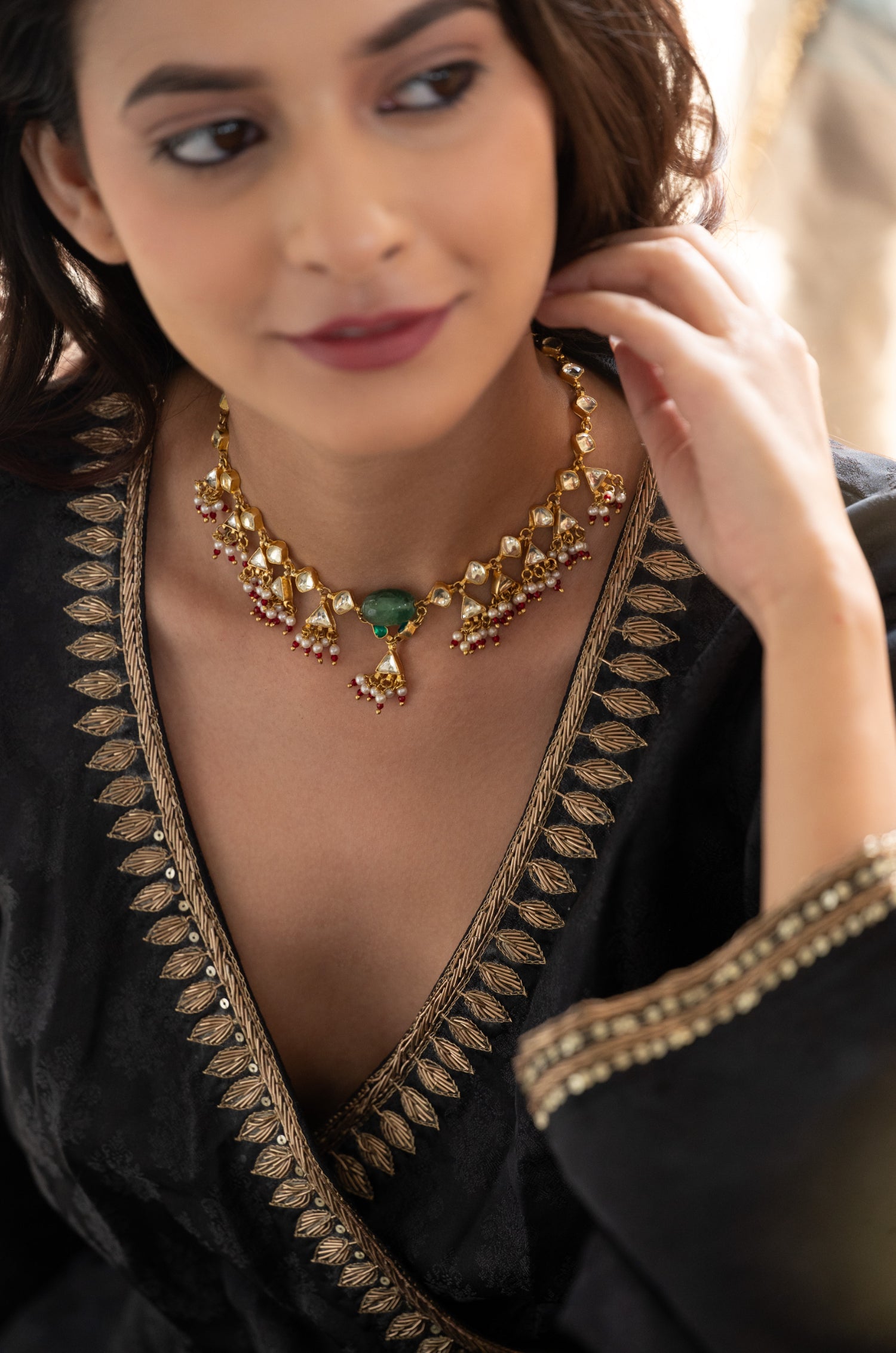 Farhana Green Kundan Necklace