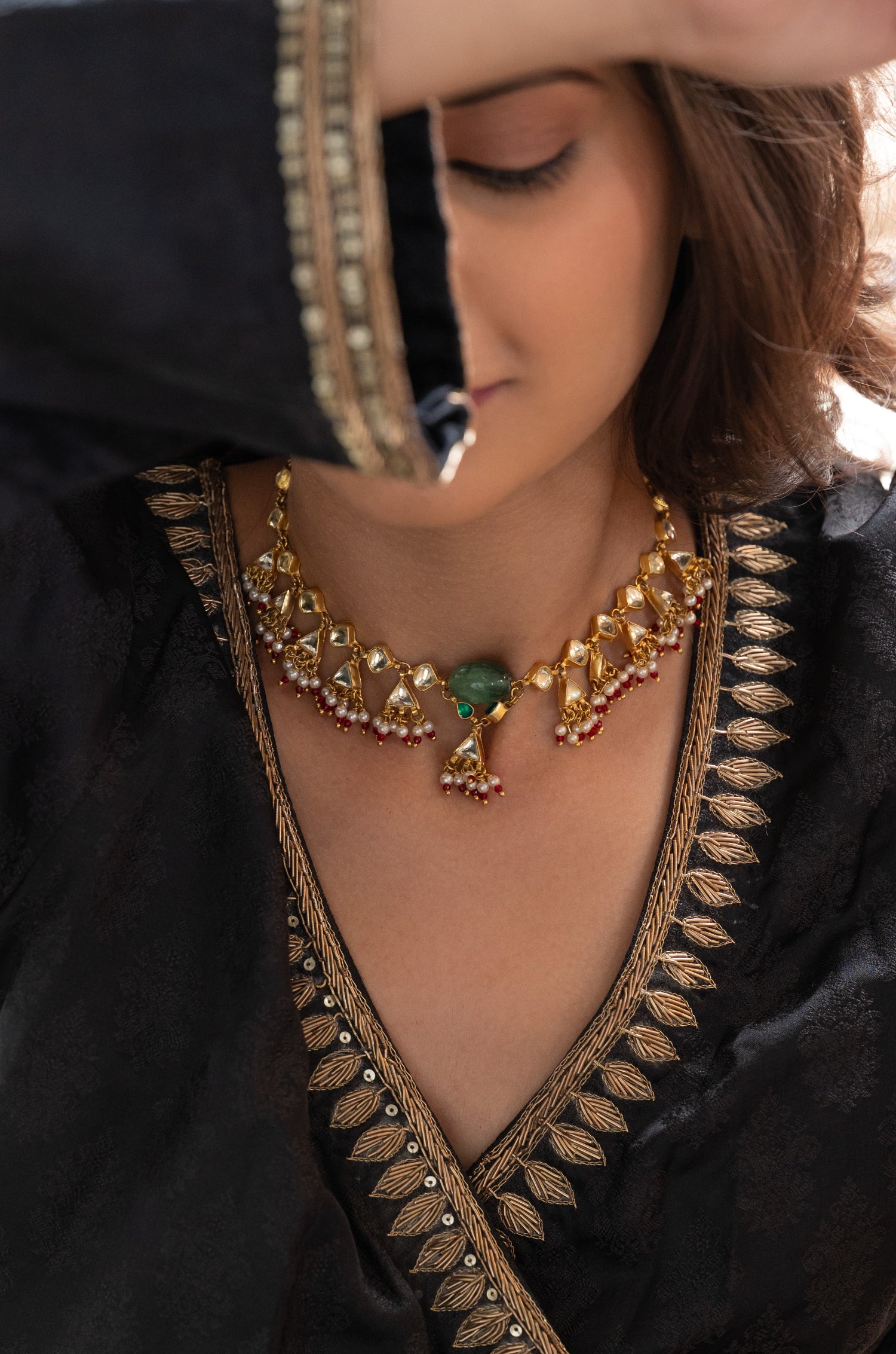 Farhana Green Kundan Necklace