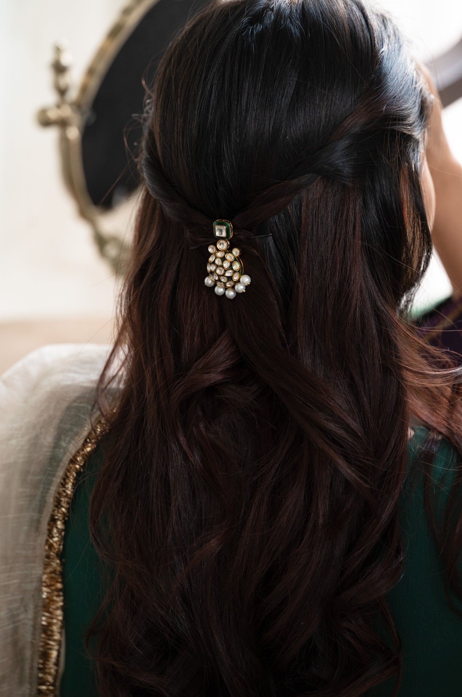 Sireen Green Polki Braid Pin