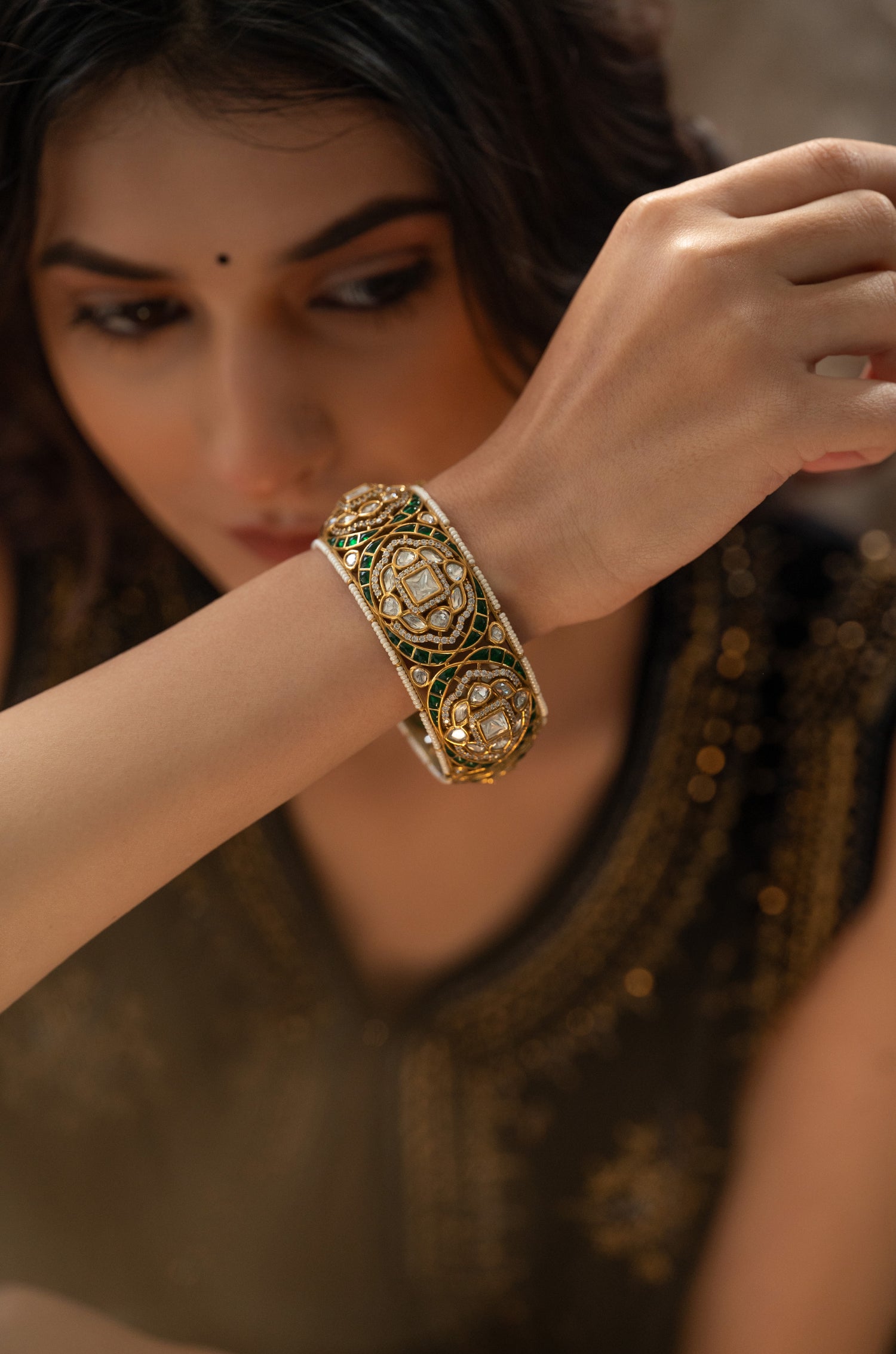 Mizhua Green Polki Bangle