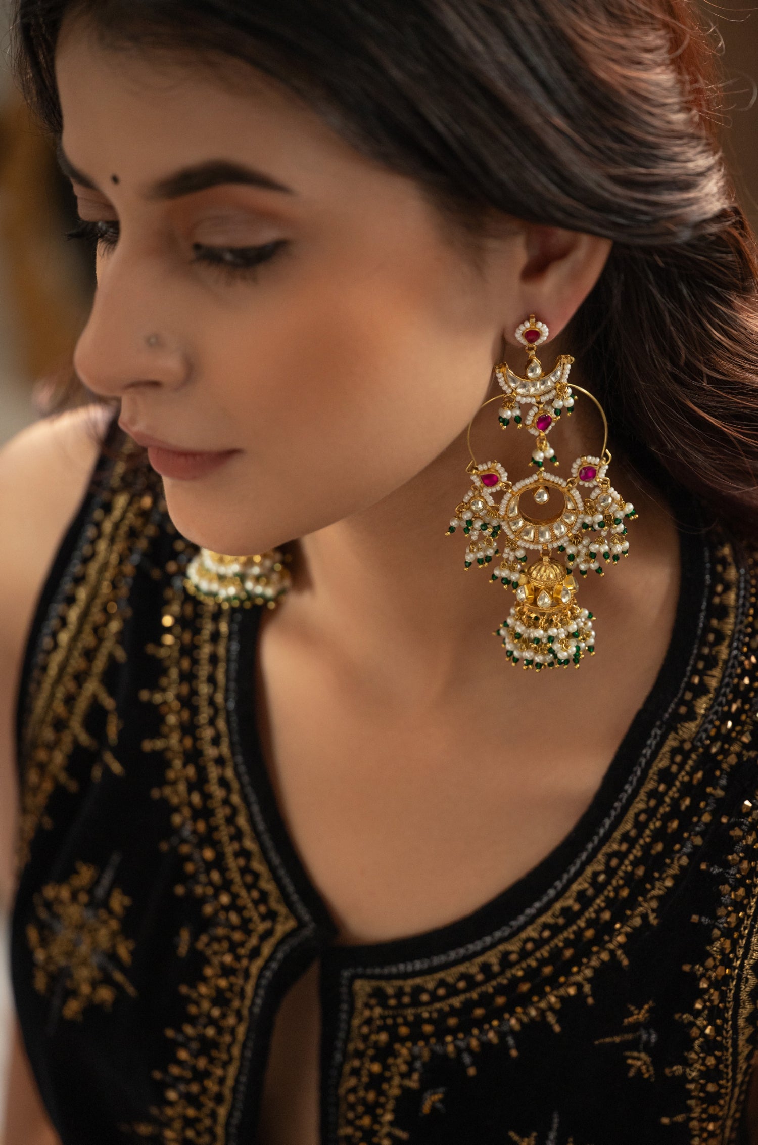 Garvi Red Kundan Jhumka Earrings