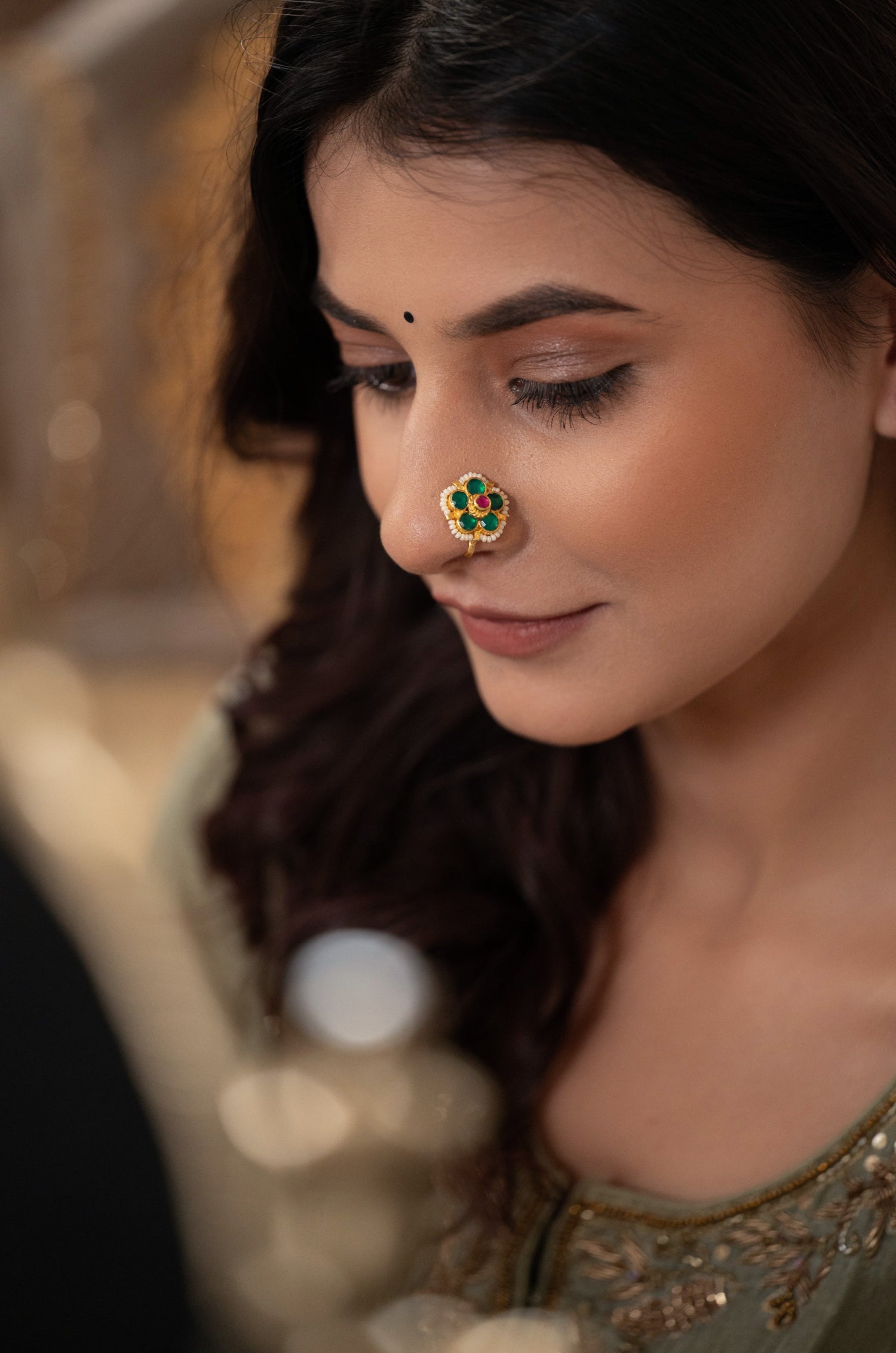 Anvi Green Kundan Nosepin