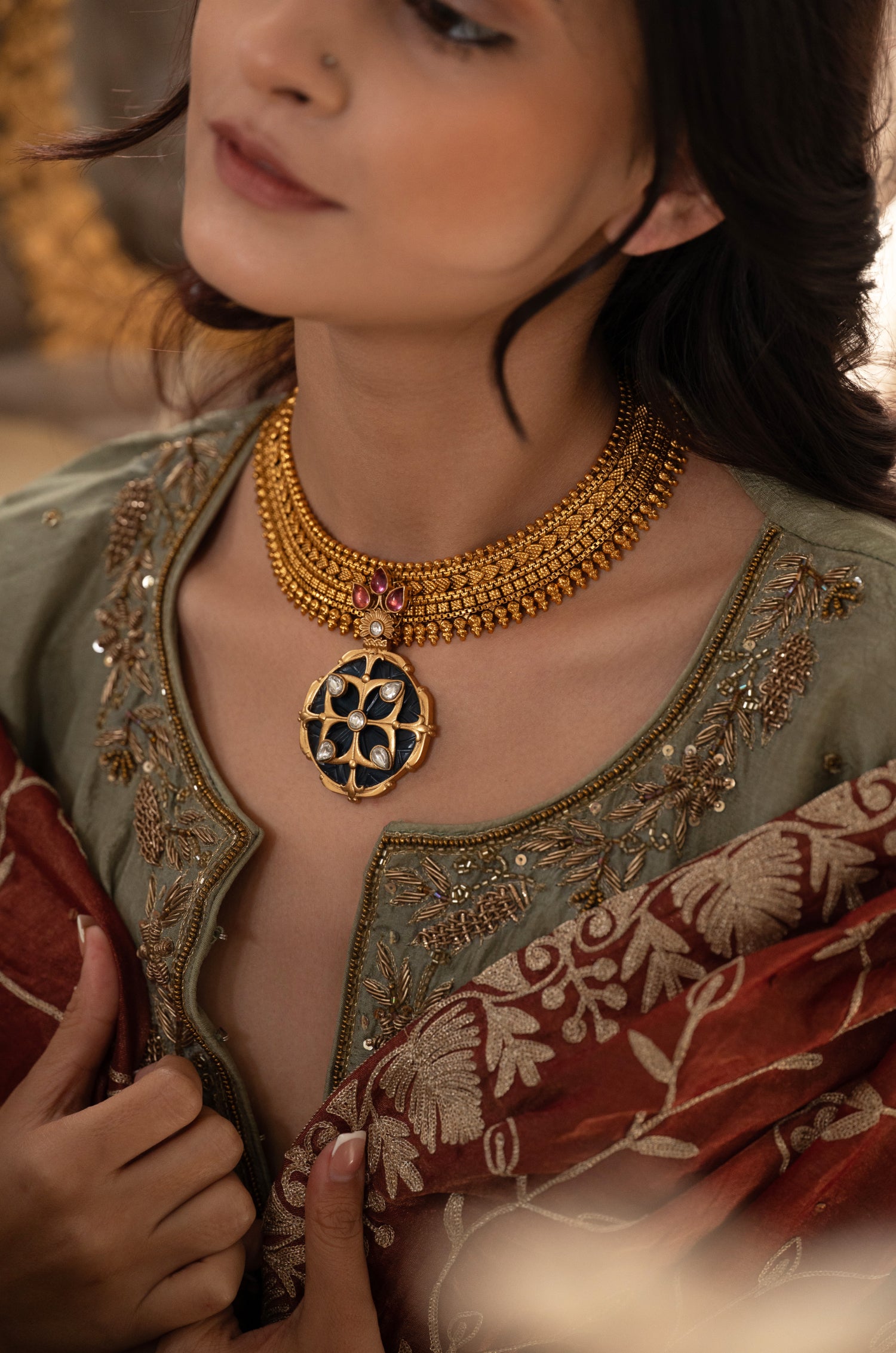 Simran Blue Temple Work Necklace Set