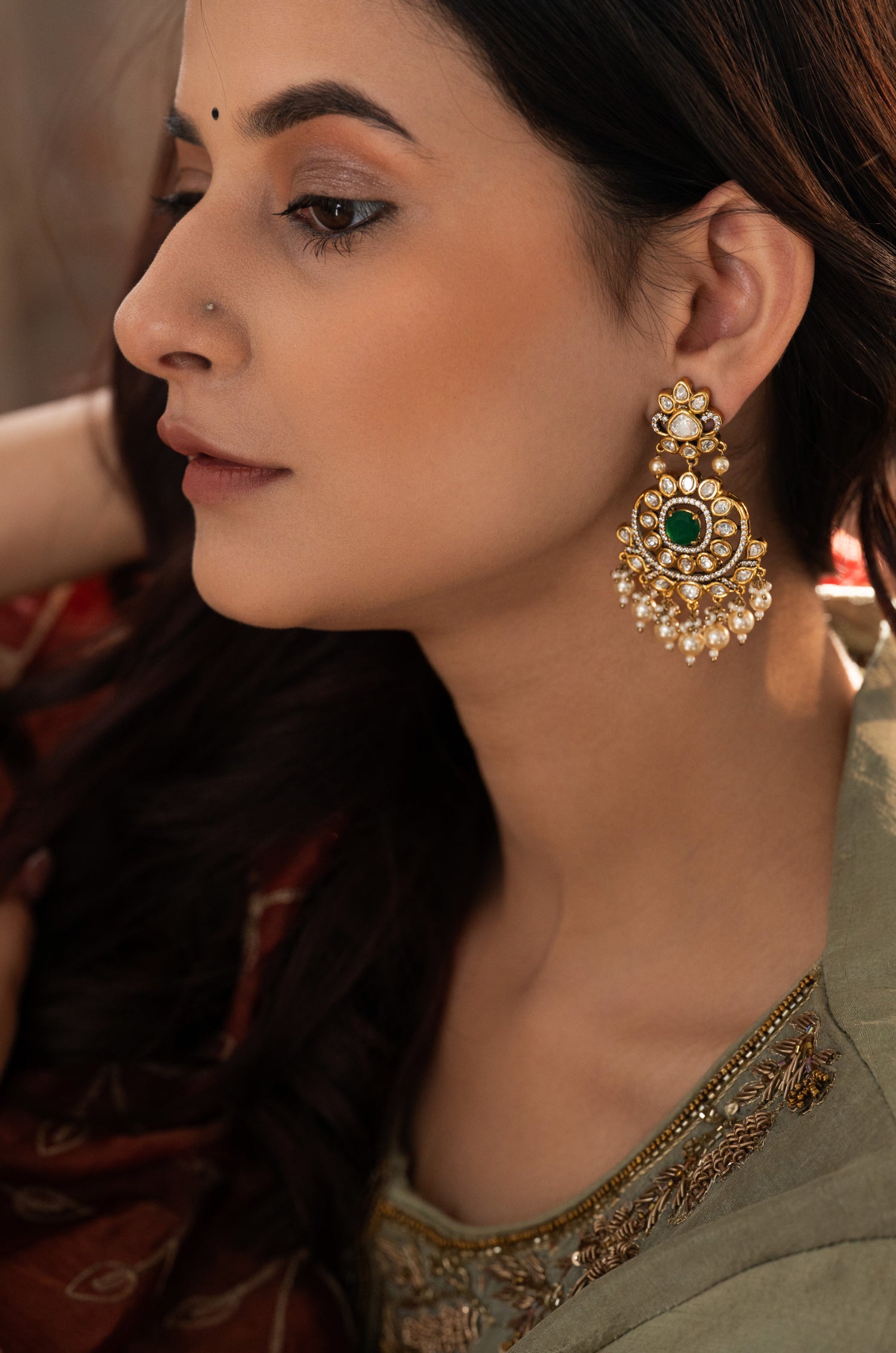 Hema Green Polki Earrings