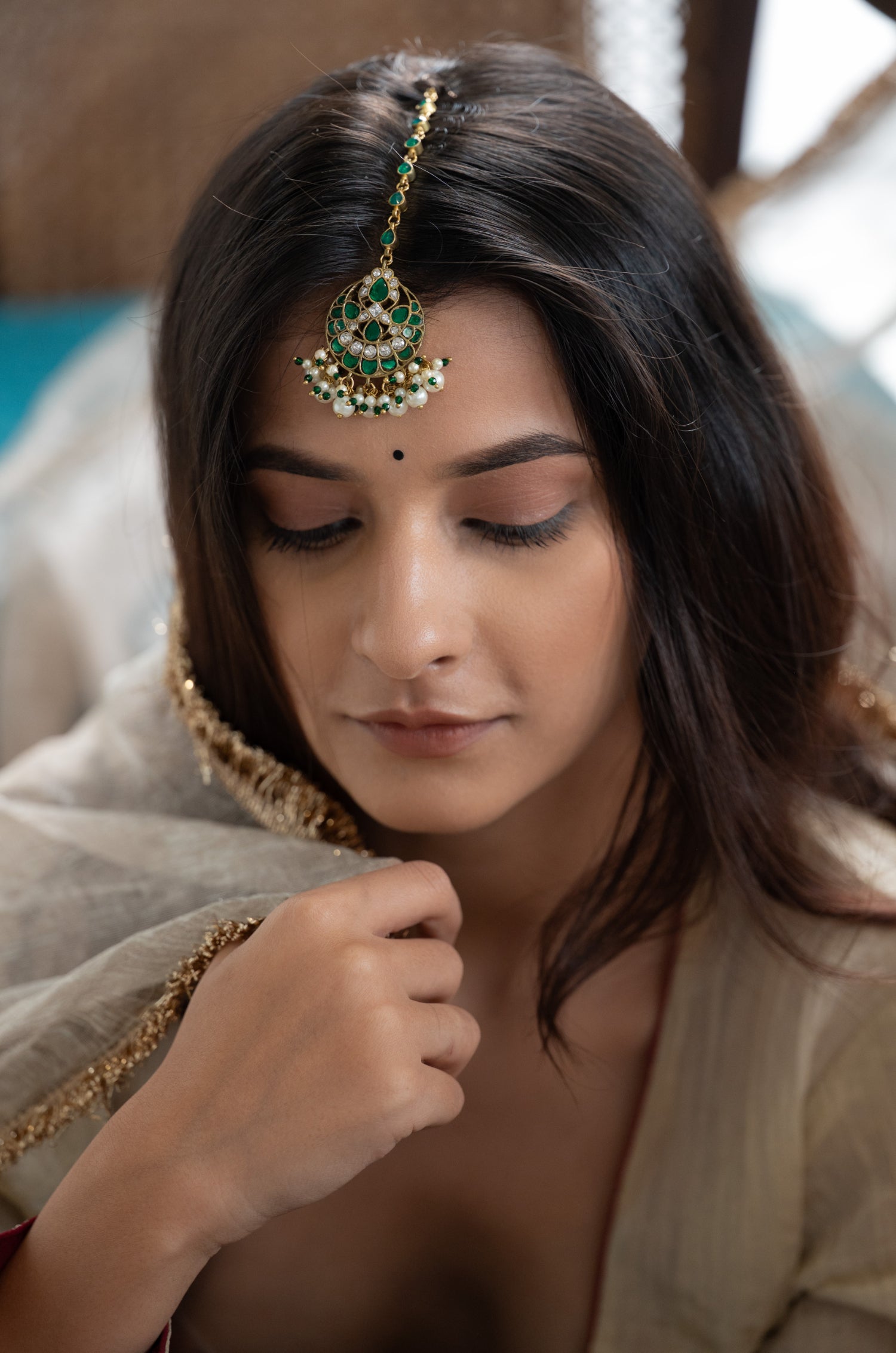 Avanya Green Kundan Maang Tikka