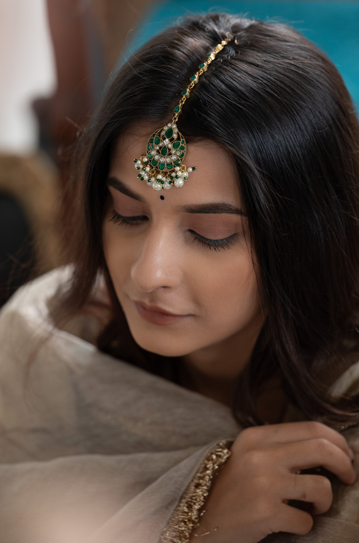 Avanya Green Kundan Maang Tikka