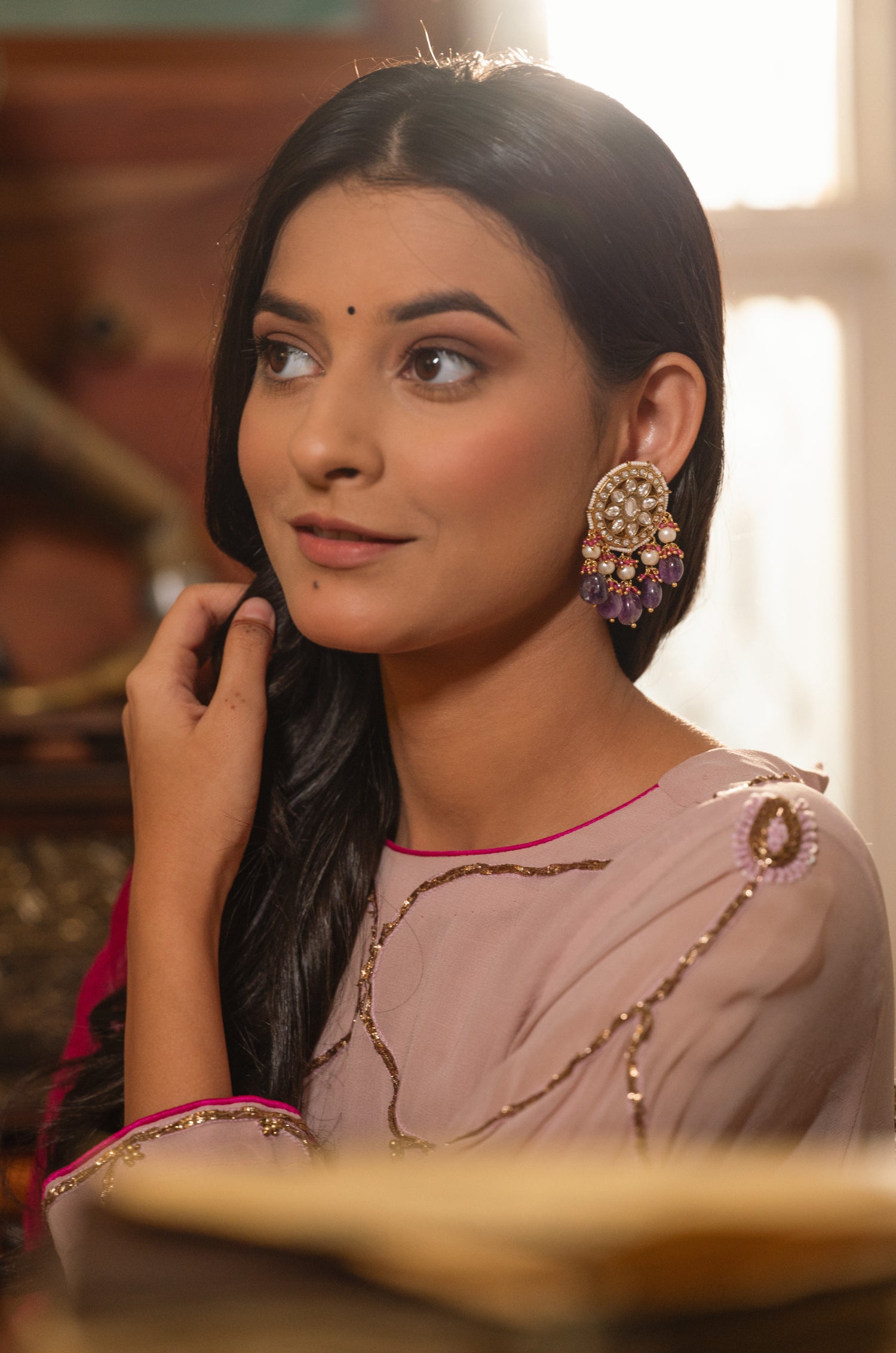 Sunaina Kundan Purple Earrings