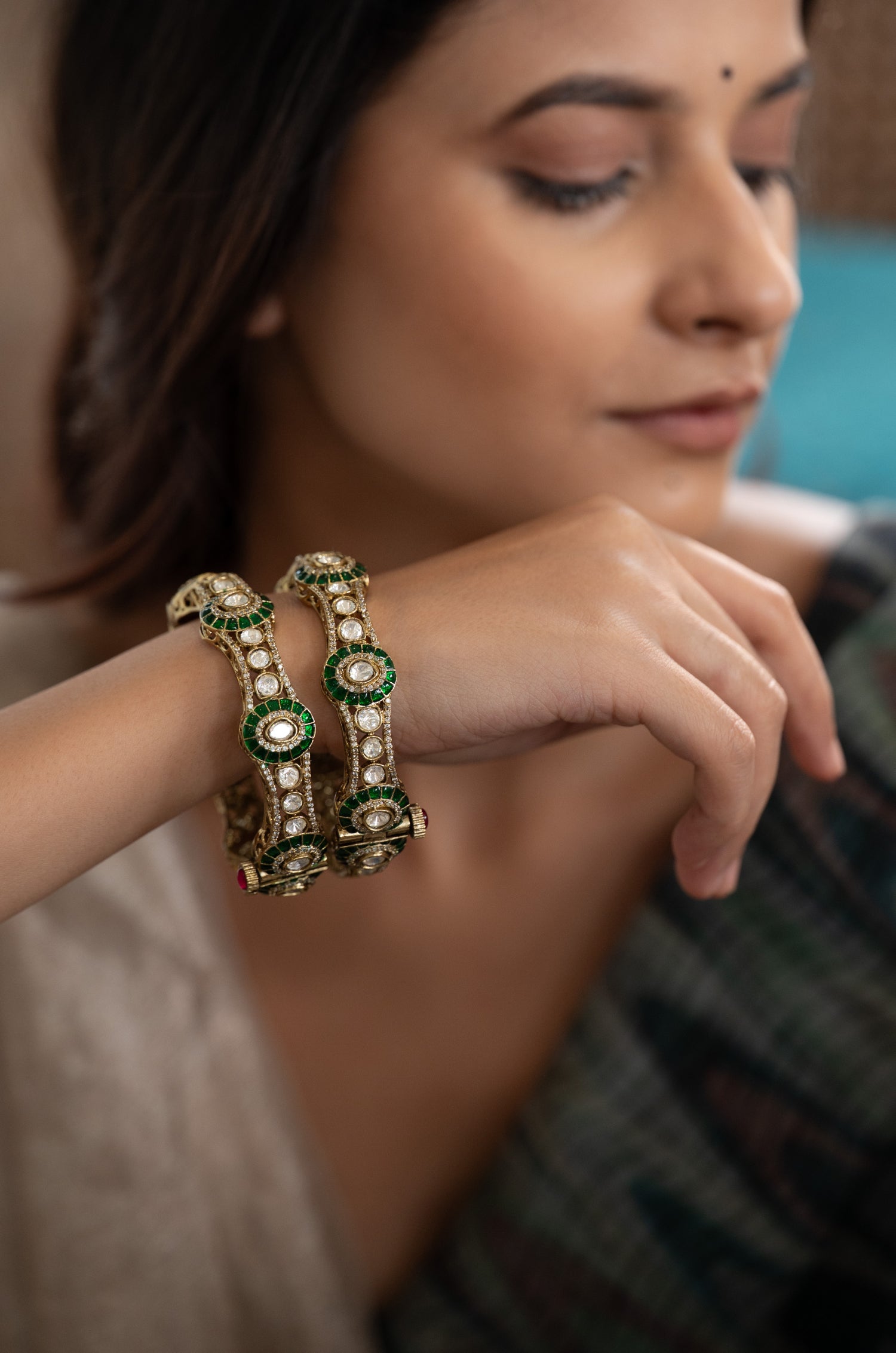 Keshvi Green Polki Bangles- Set of 2