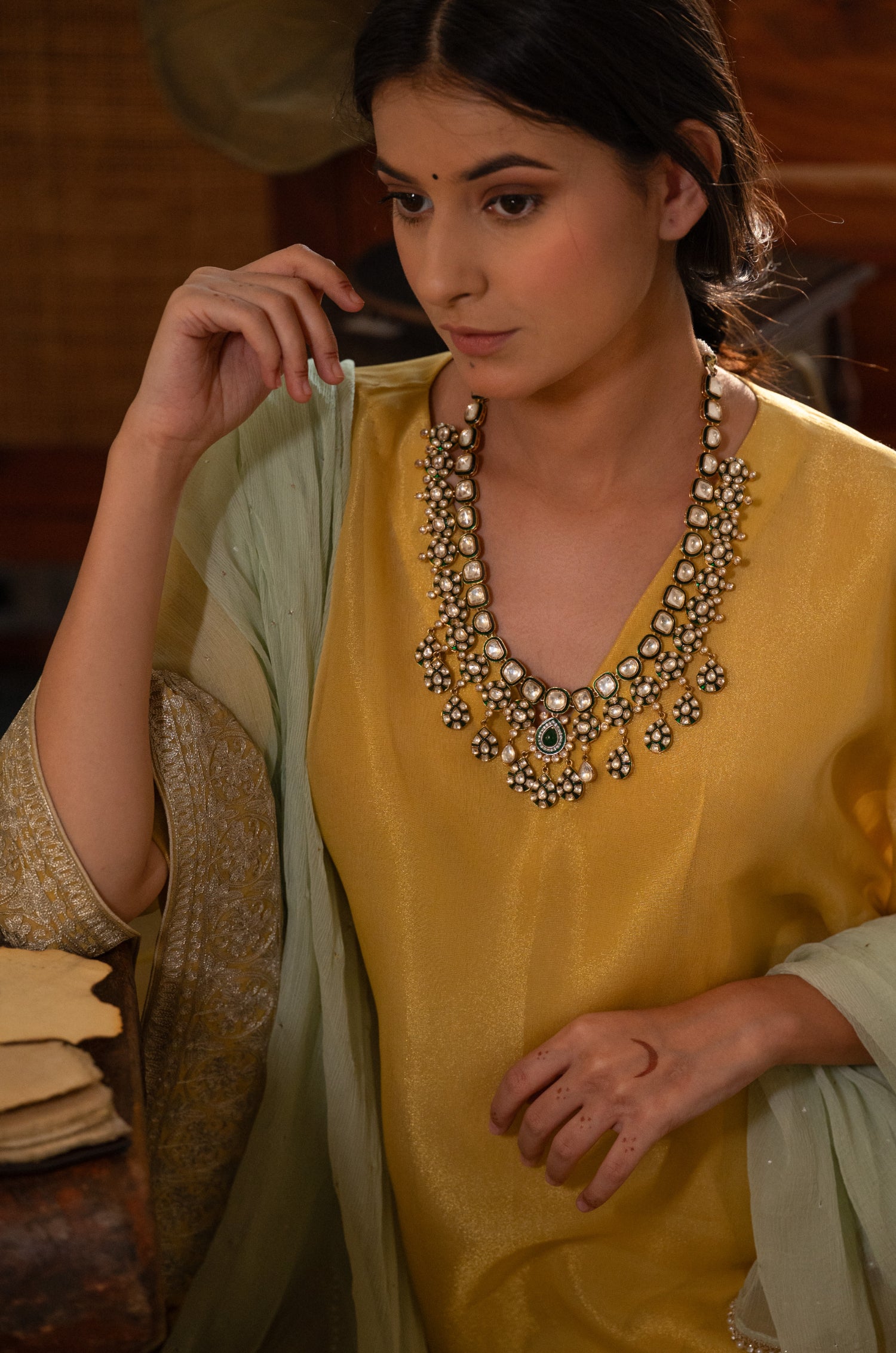 Gurvinder Green Polki Necklace Set