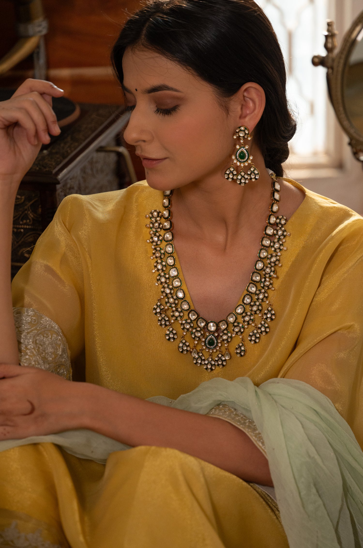 Gurvinder Green Polki Necklace Set