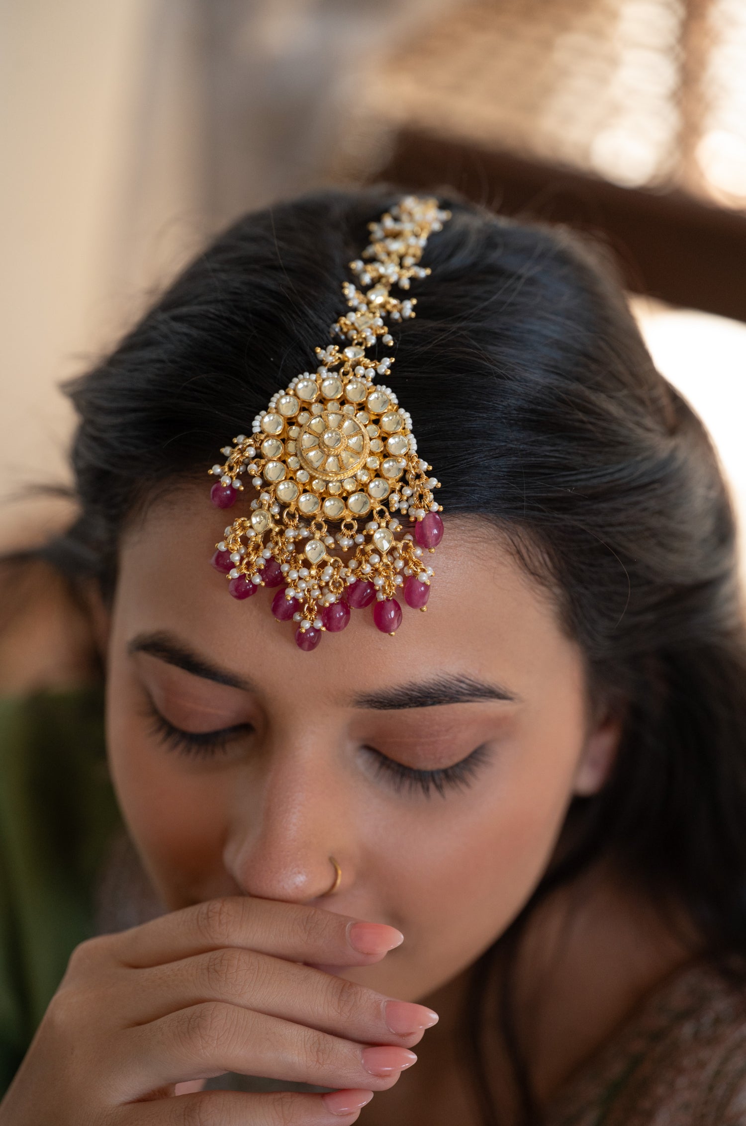 Evalis Pink Kundan Maang tikka