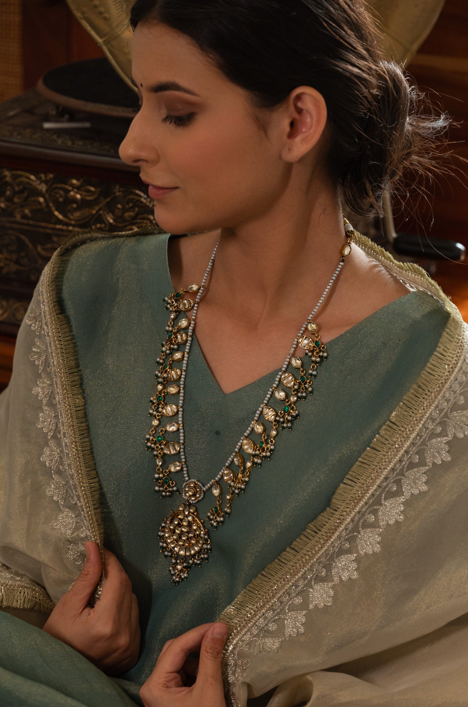 Sunidhita Kundan Green Necklace