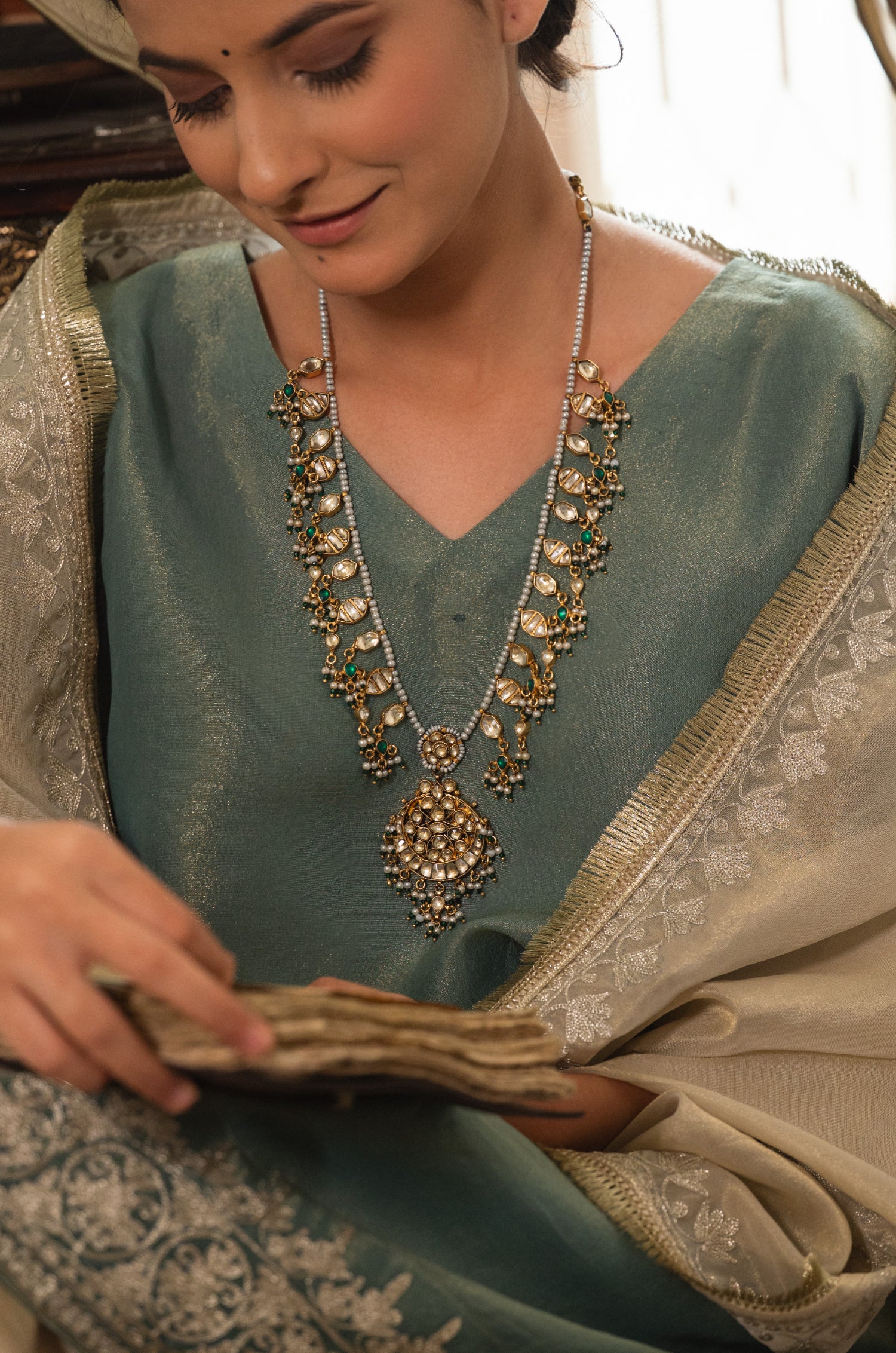 Sunidhita Kundan Green Necklace