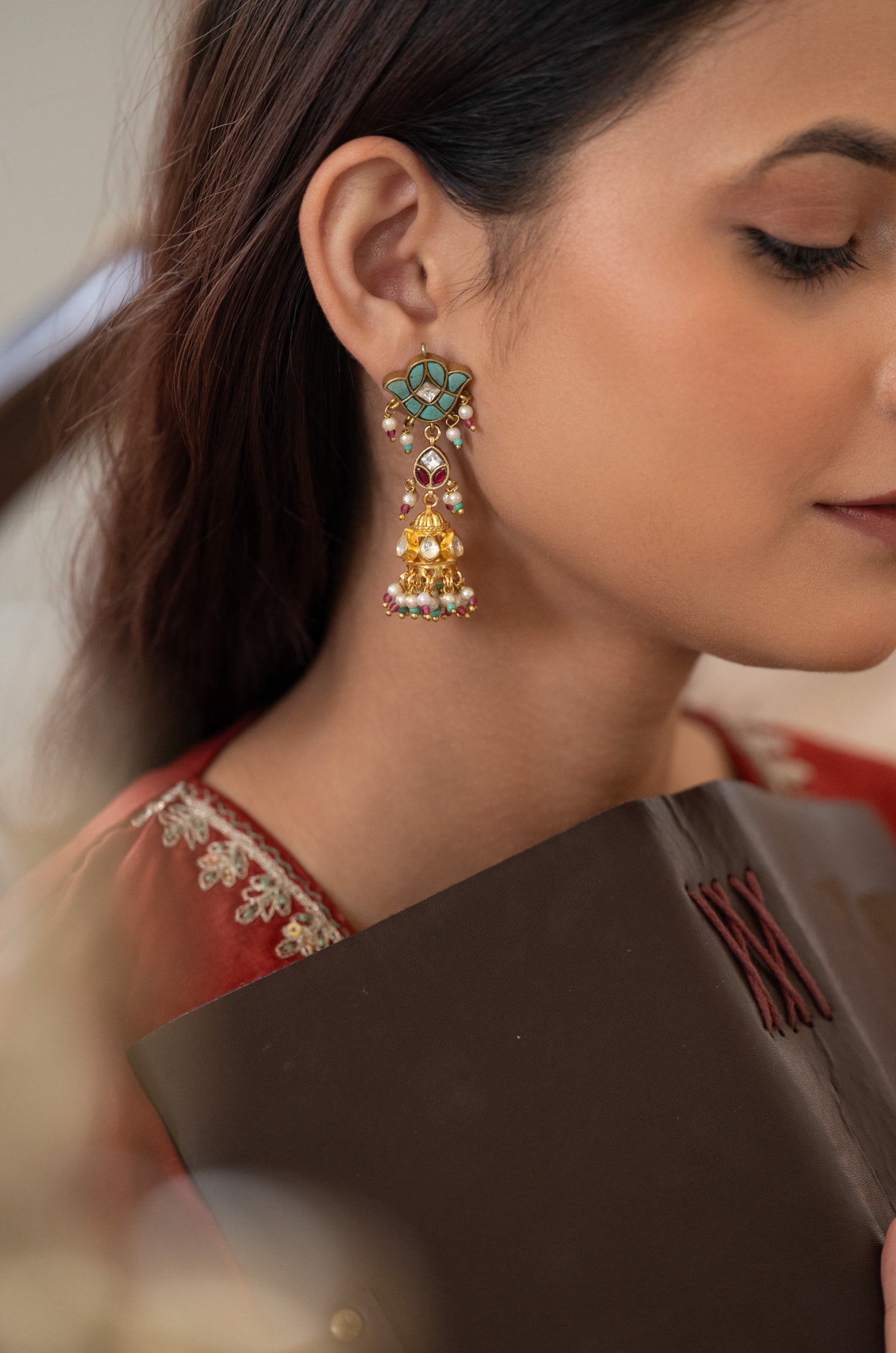 Rumaisa Turquoise Kundan Jhumka Earrings