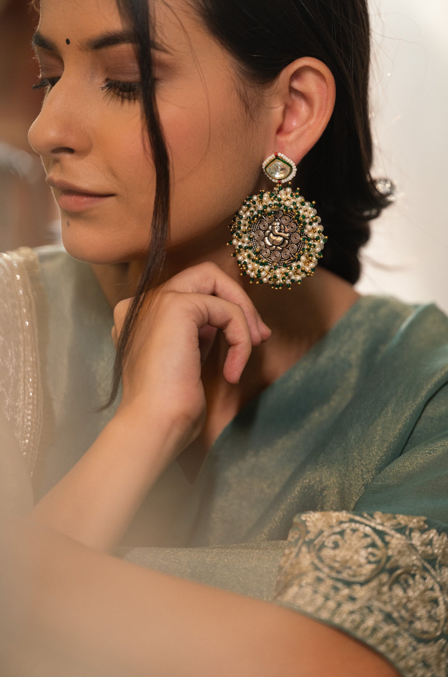 Ganesha Kundan Green Earrings