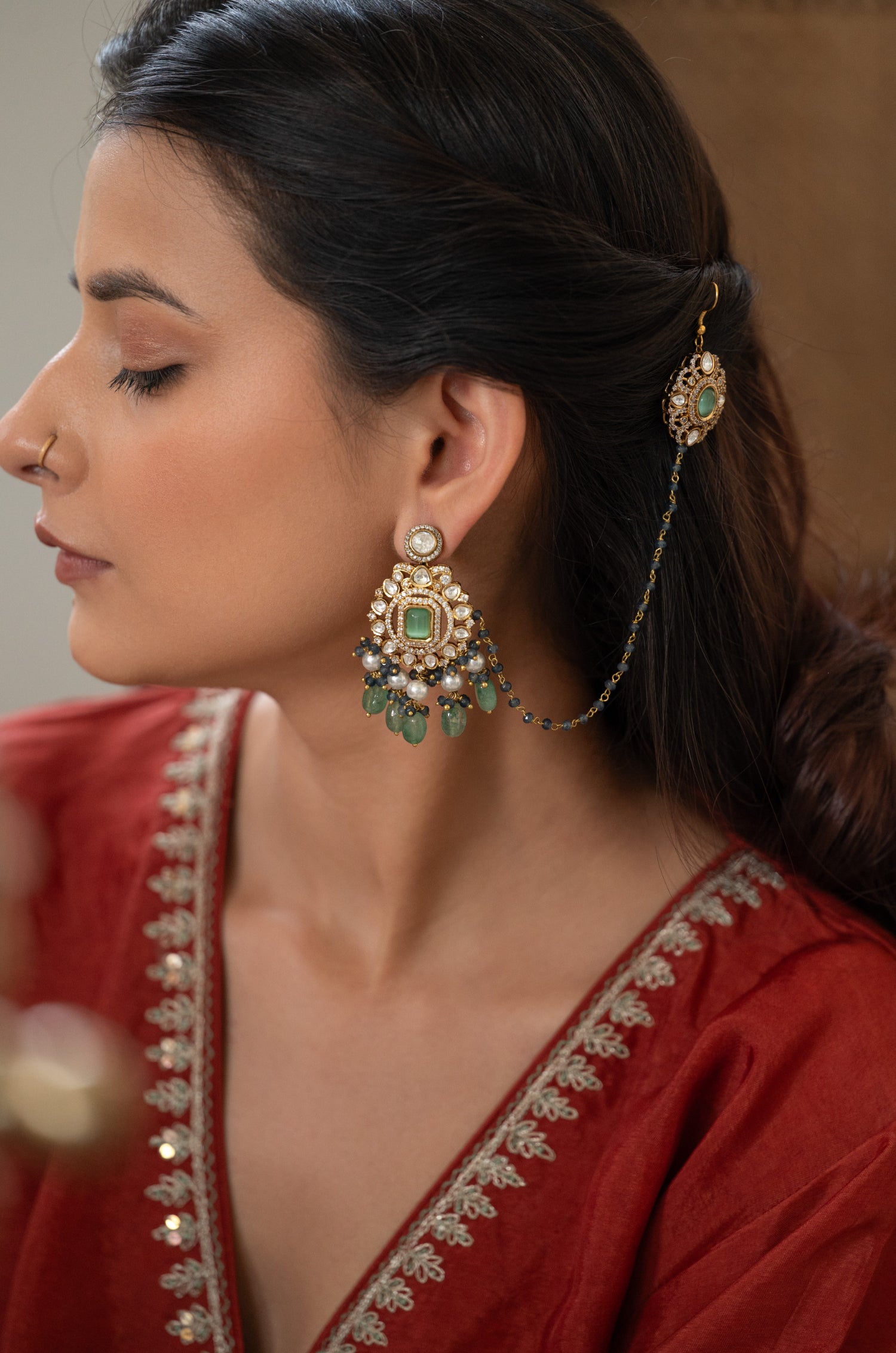 Azarika Mint Polki Kaan Chain Earrings
