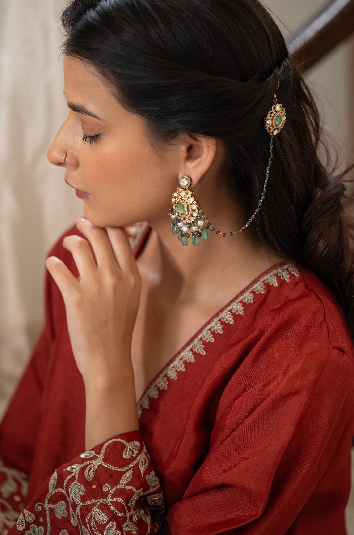 Azarika Mint Polki Kaan Chain Earrings