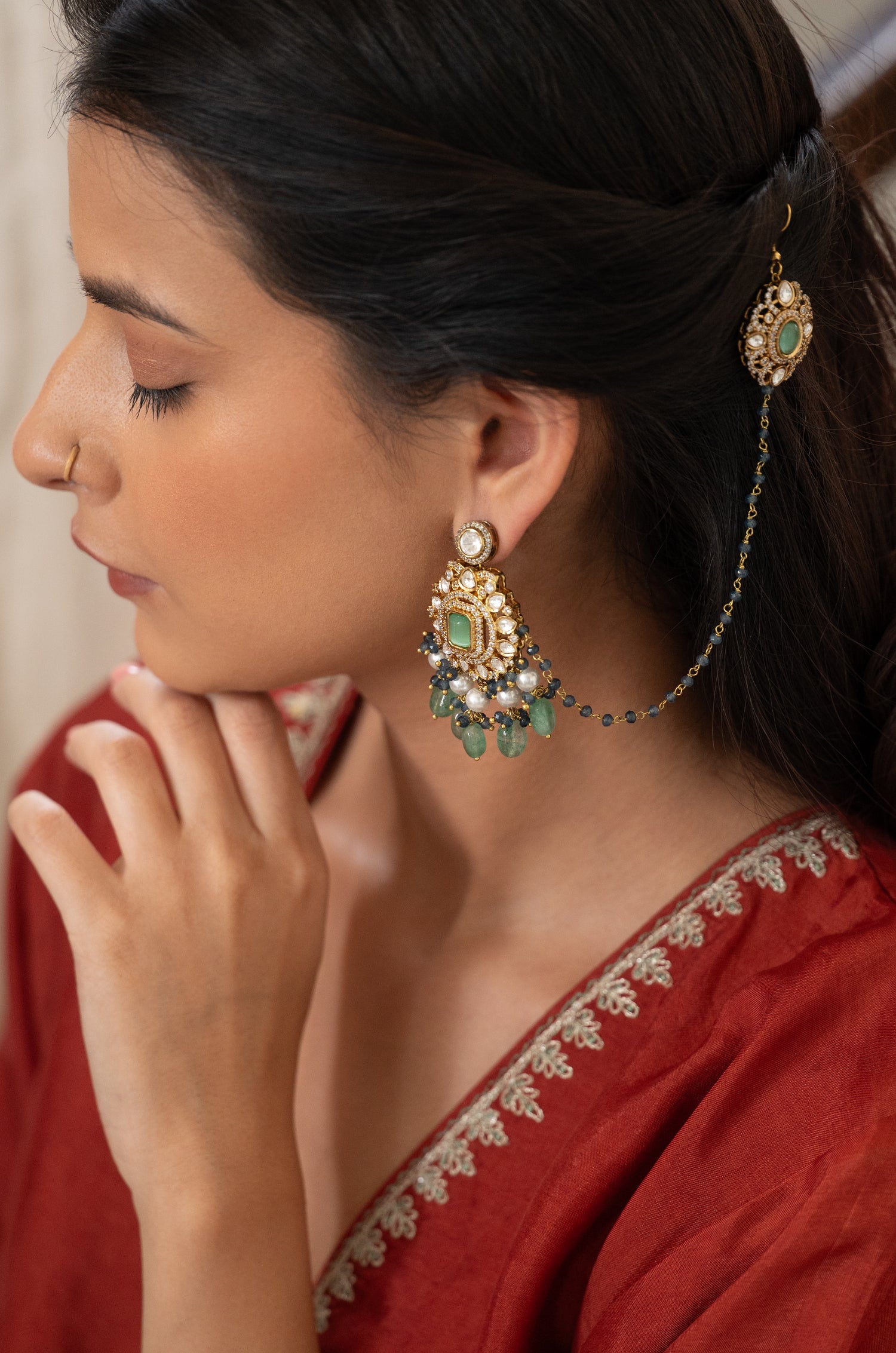Azarika Mint Polki Kaan Chain Earrings