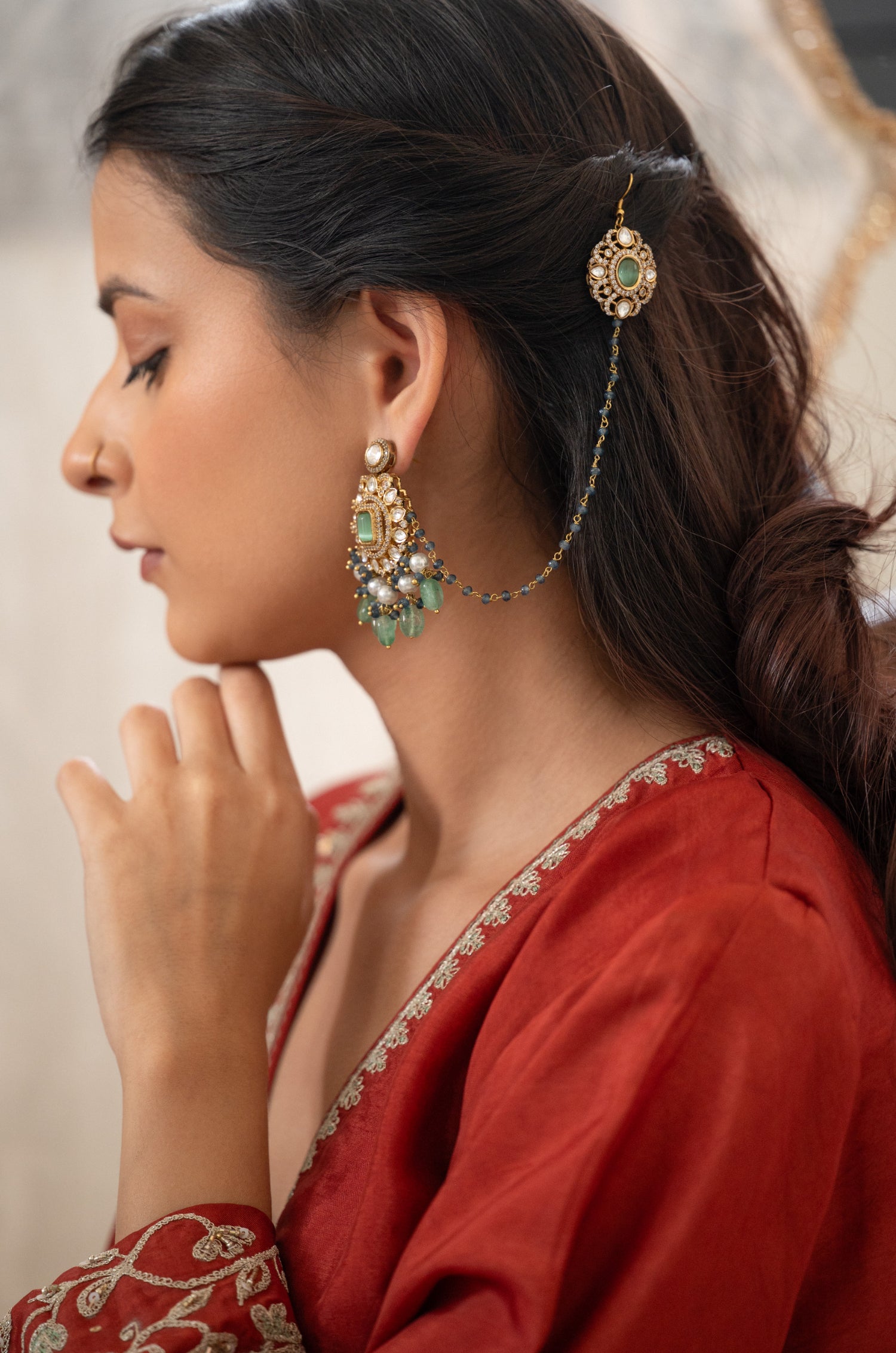 Azarika Mint Polki Kaan Chain Earrings