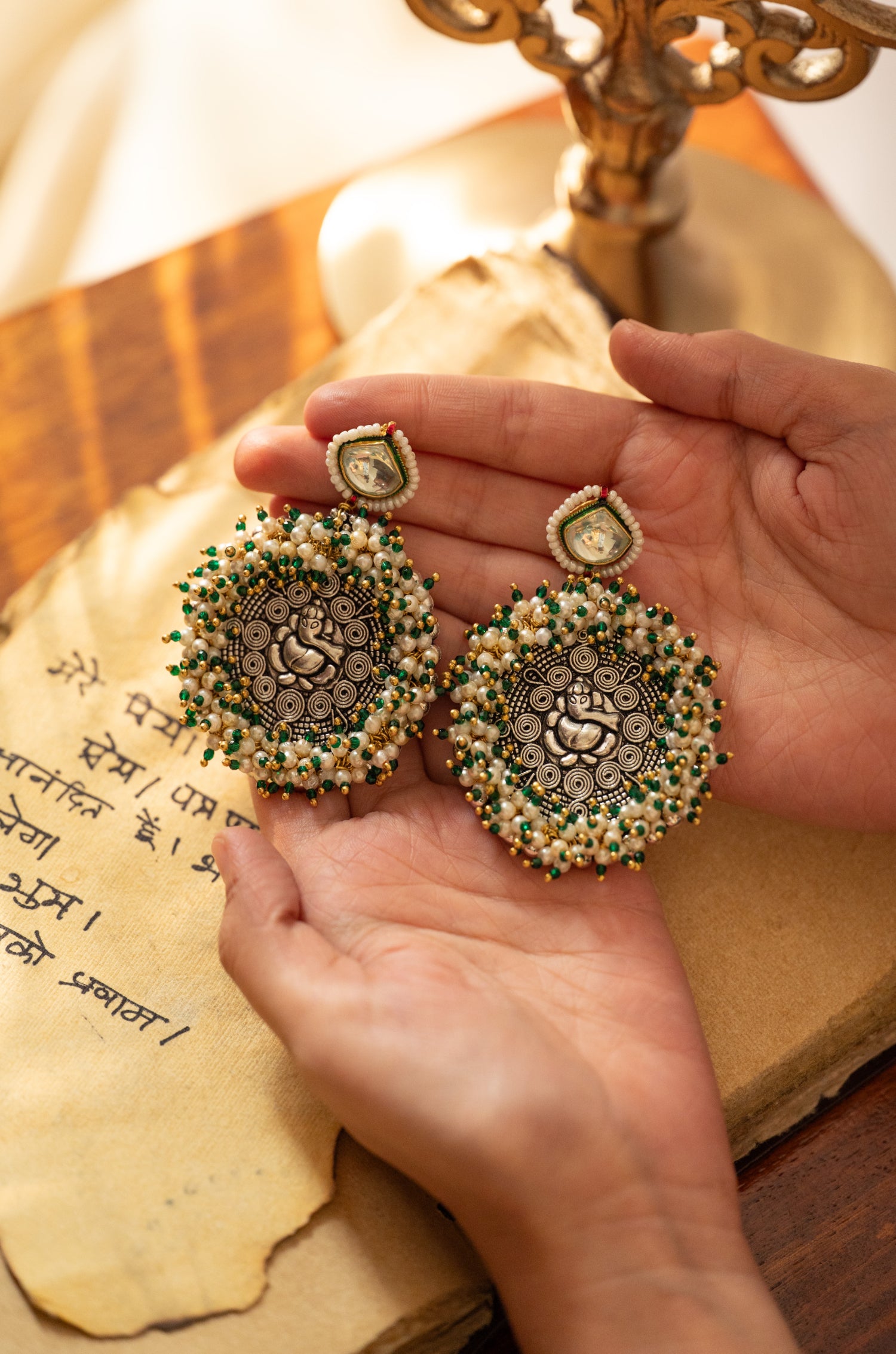 Ganesha Kundan Green Earrings