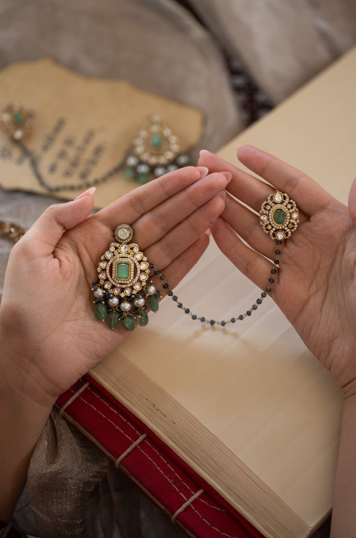 Azarika Mint Polki Kaan Chain Earrings