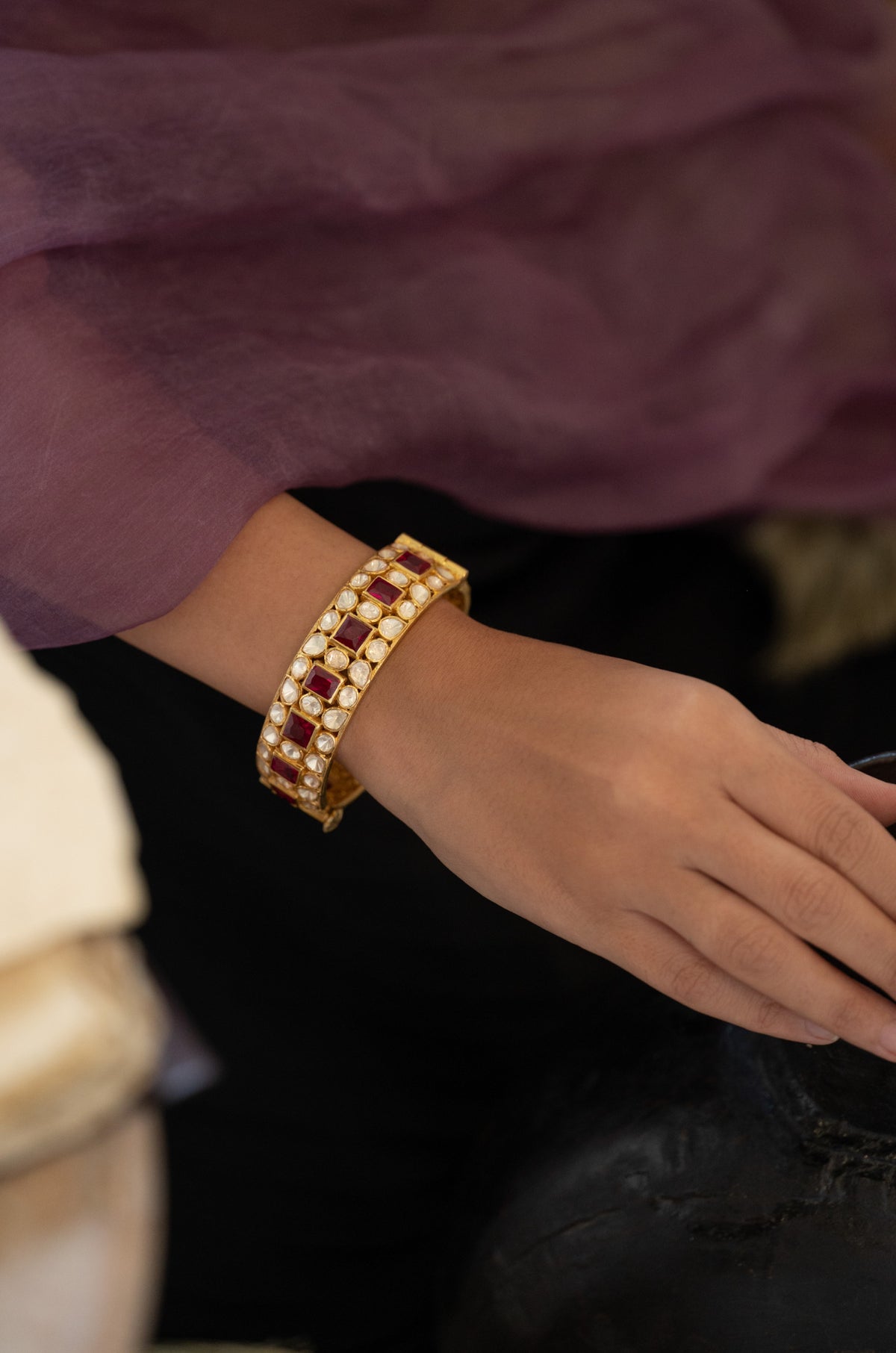 Mridula Red Polki Silver Bangle
