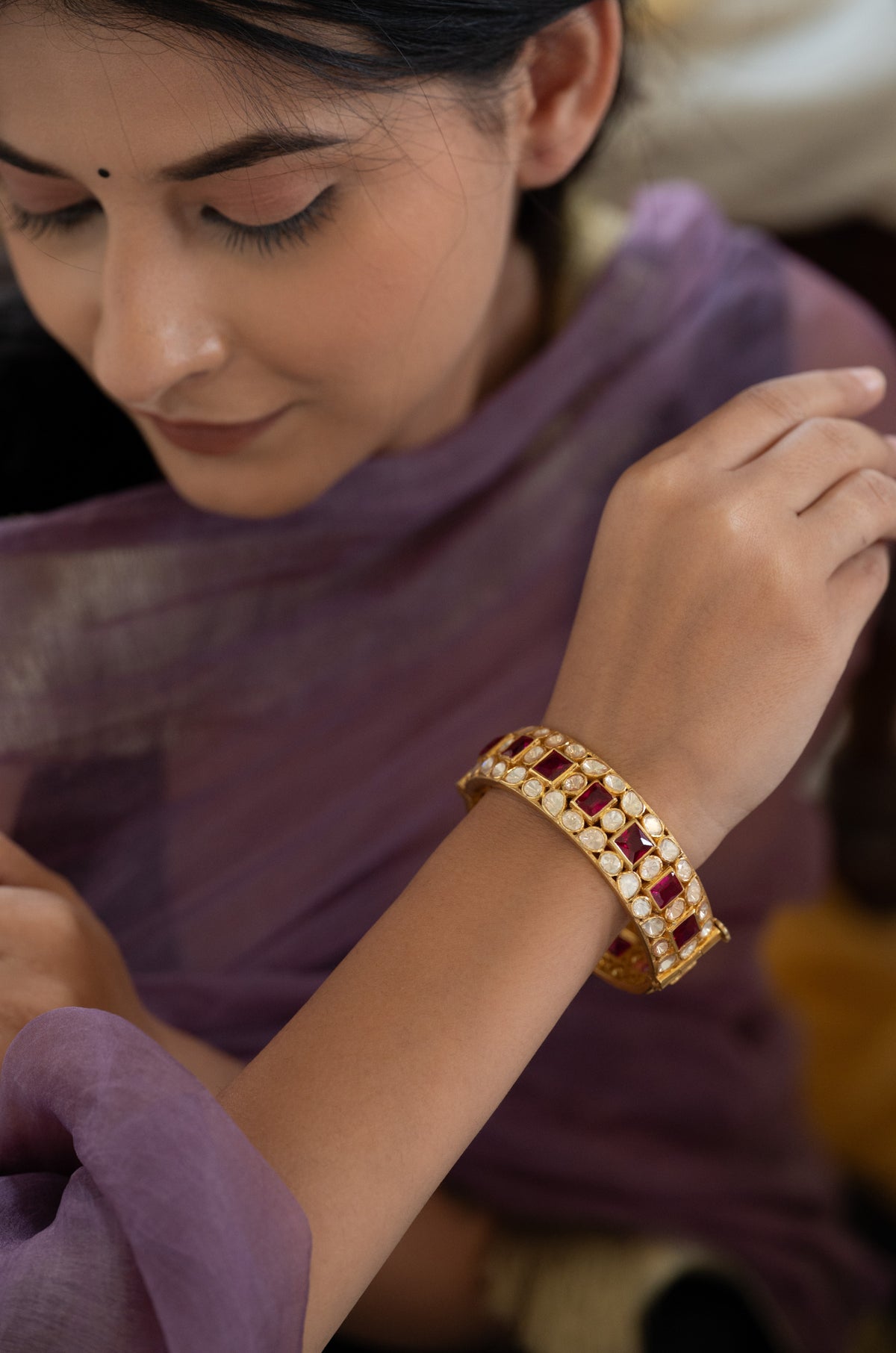Mridula Red Polki Silver Bangle