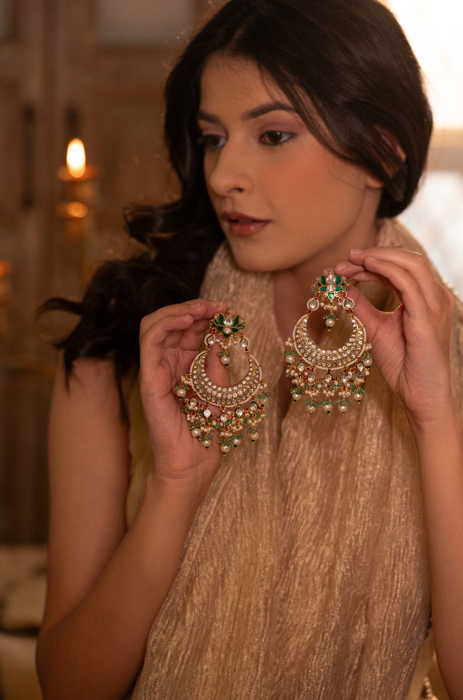 Pritha Mint Kundan Chandbali Earrings