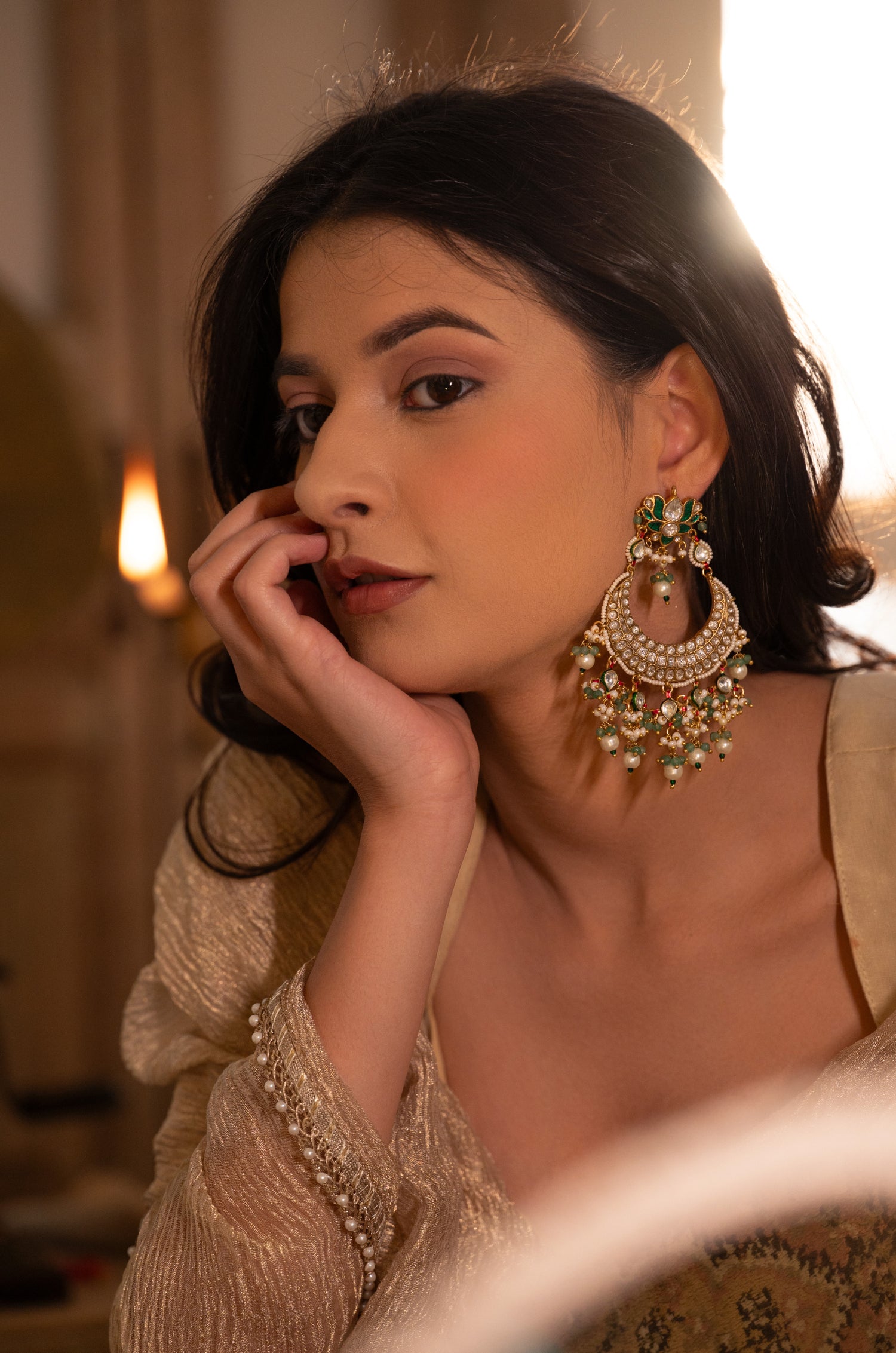 Pritha Mint Kundan Chandbali Earrings