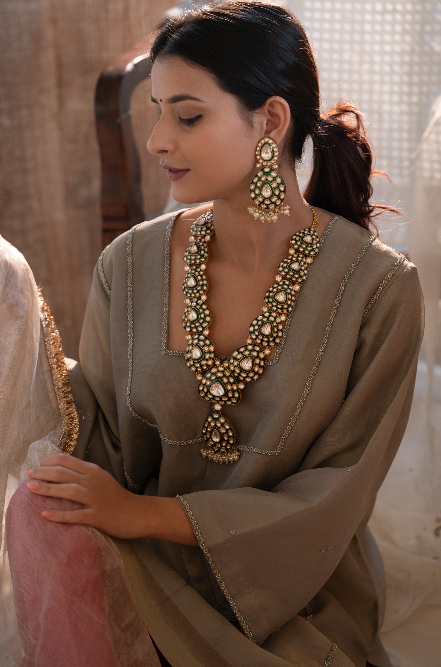 Sahania Green Polki Necklace Set