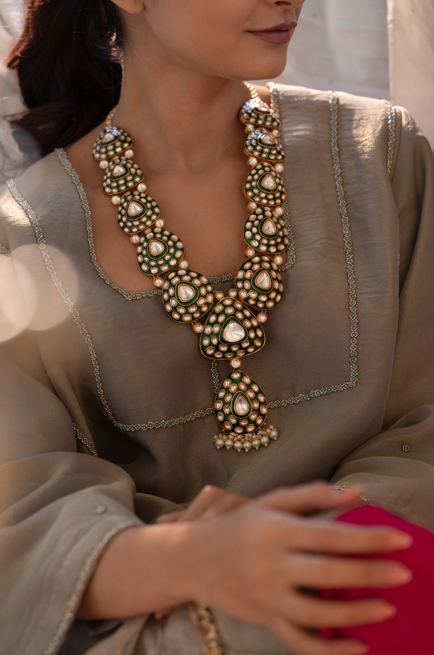 Sahania Green Polki Necklace Set