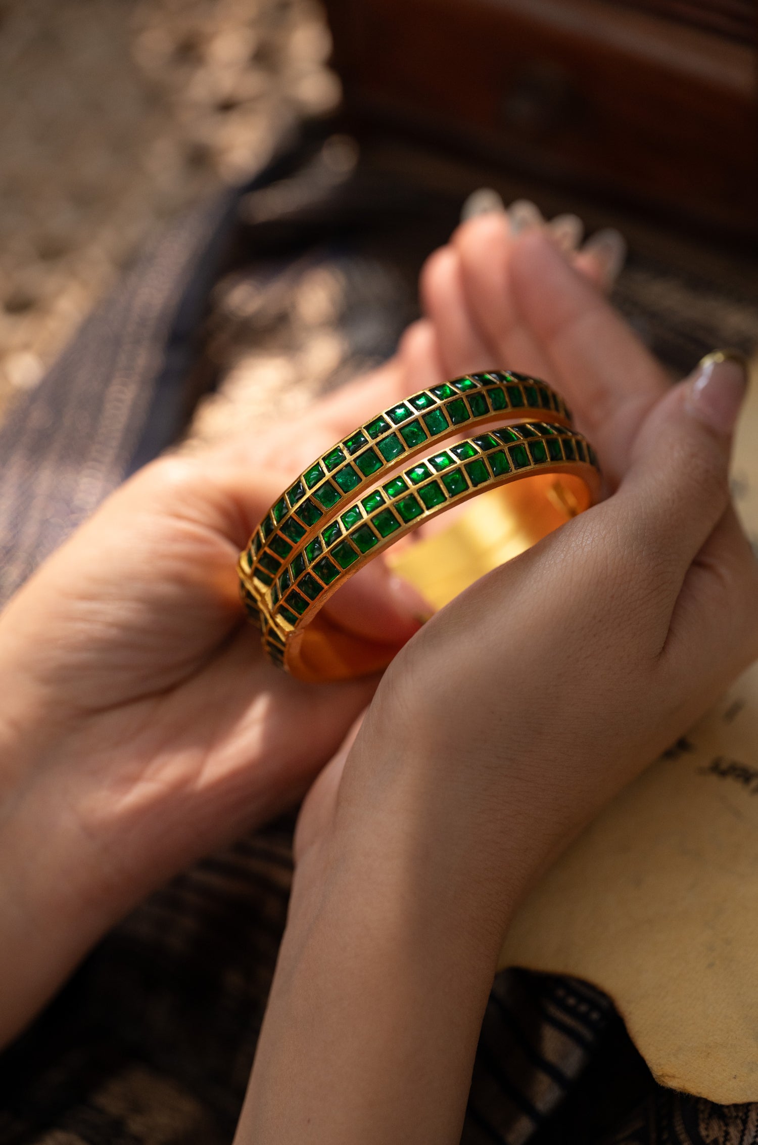 Vedi Green Kundan Bangle- Set of 2