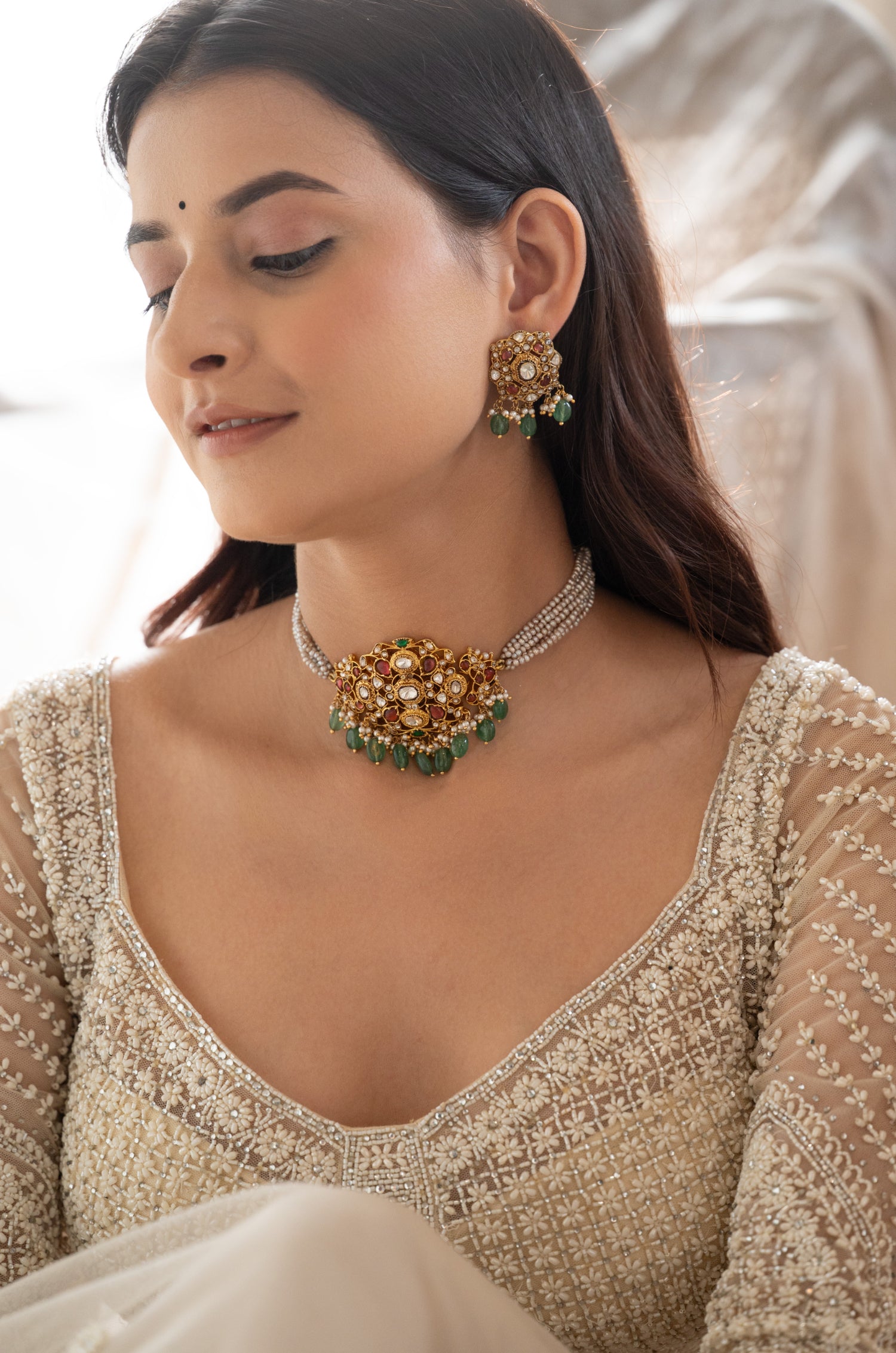 Yumilah Green Silver Necklace Set