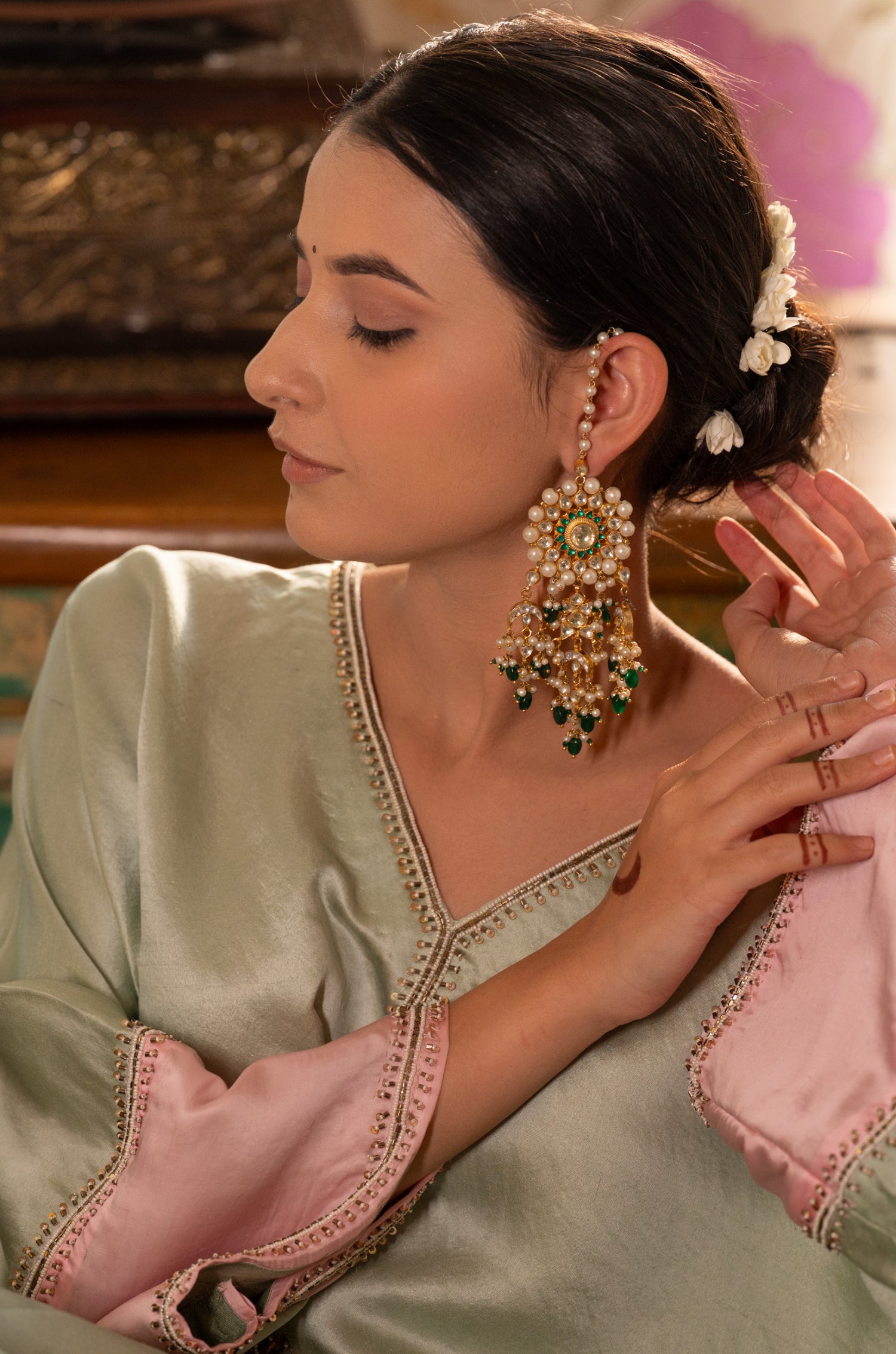 Janaki Green Kundan Earrings