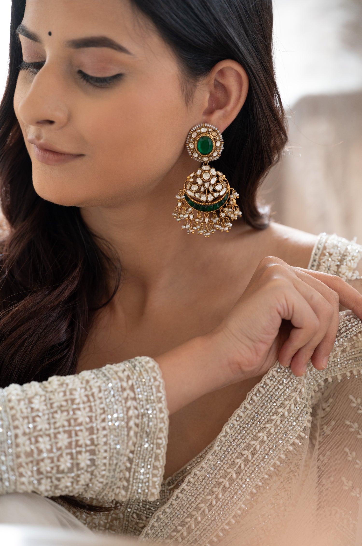 Versha Green Silver Earrings