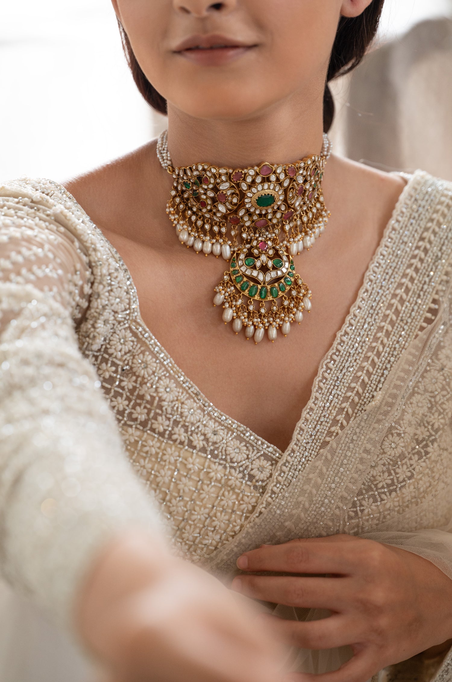 Sadhvi Green Silver Necklace Set