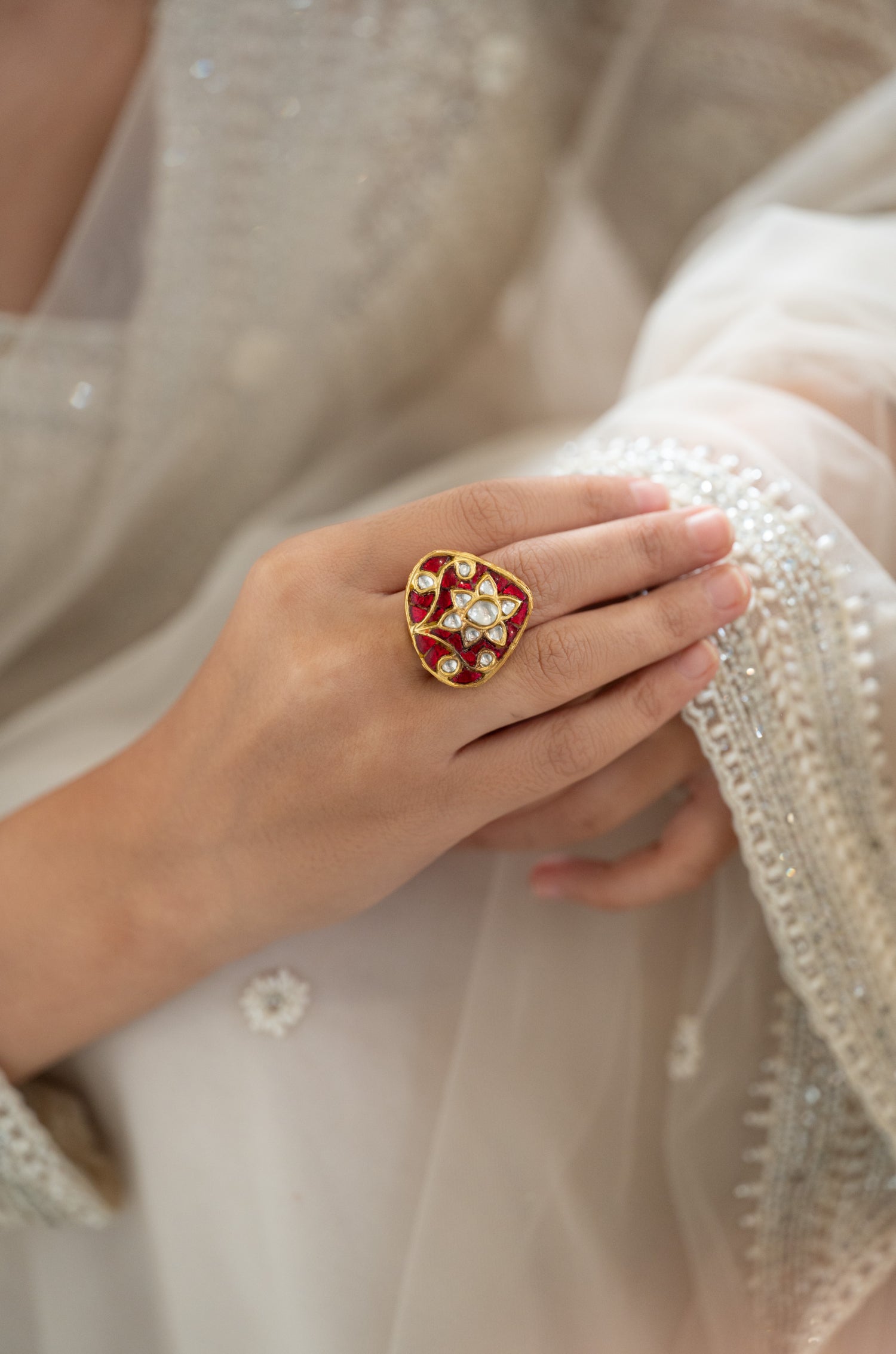 Lara Fine Silver Kundan Red Ring
