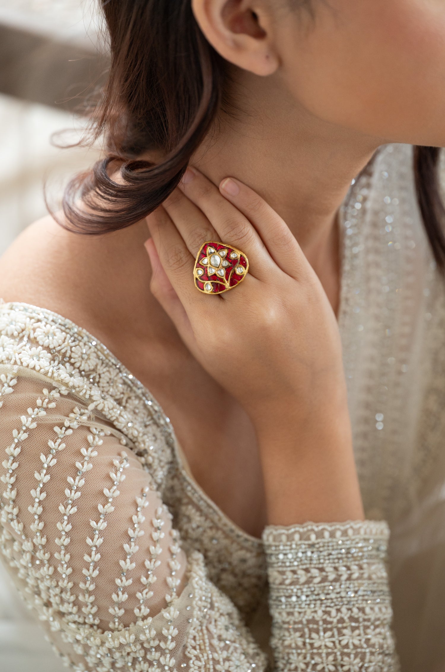 Lara Fine Silver Kundan Red Ring