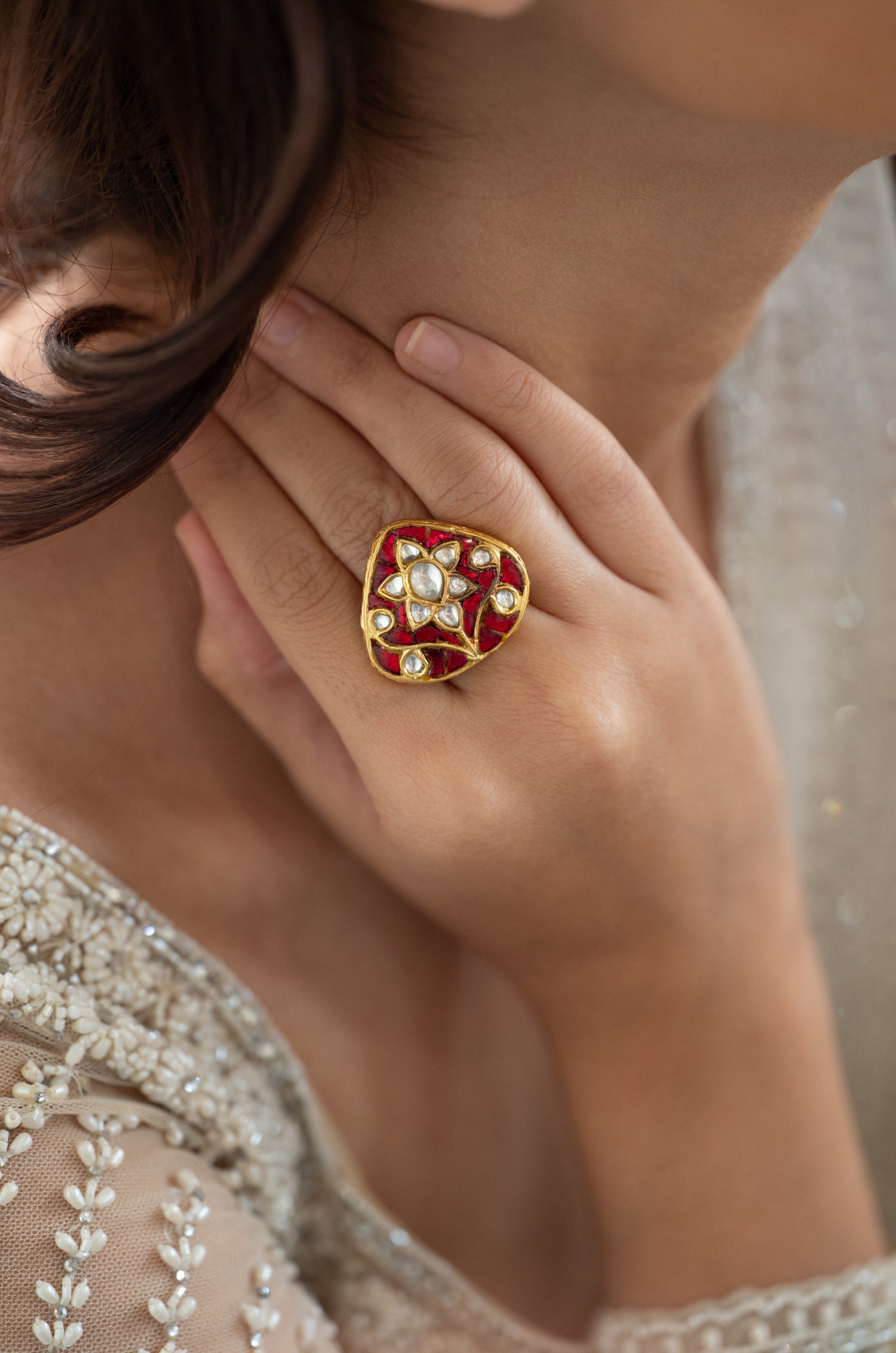 Lara Fine Silver Kundan Red Ring